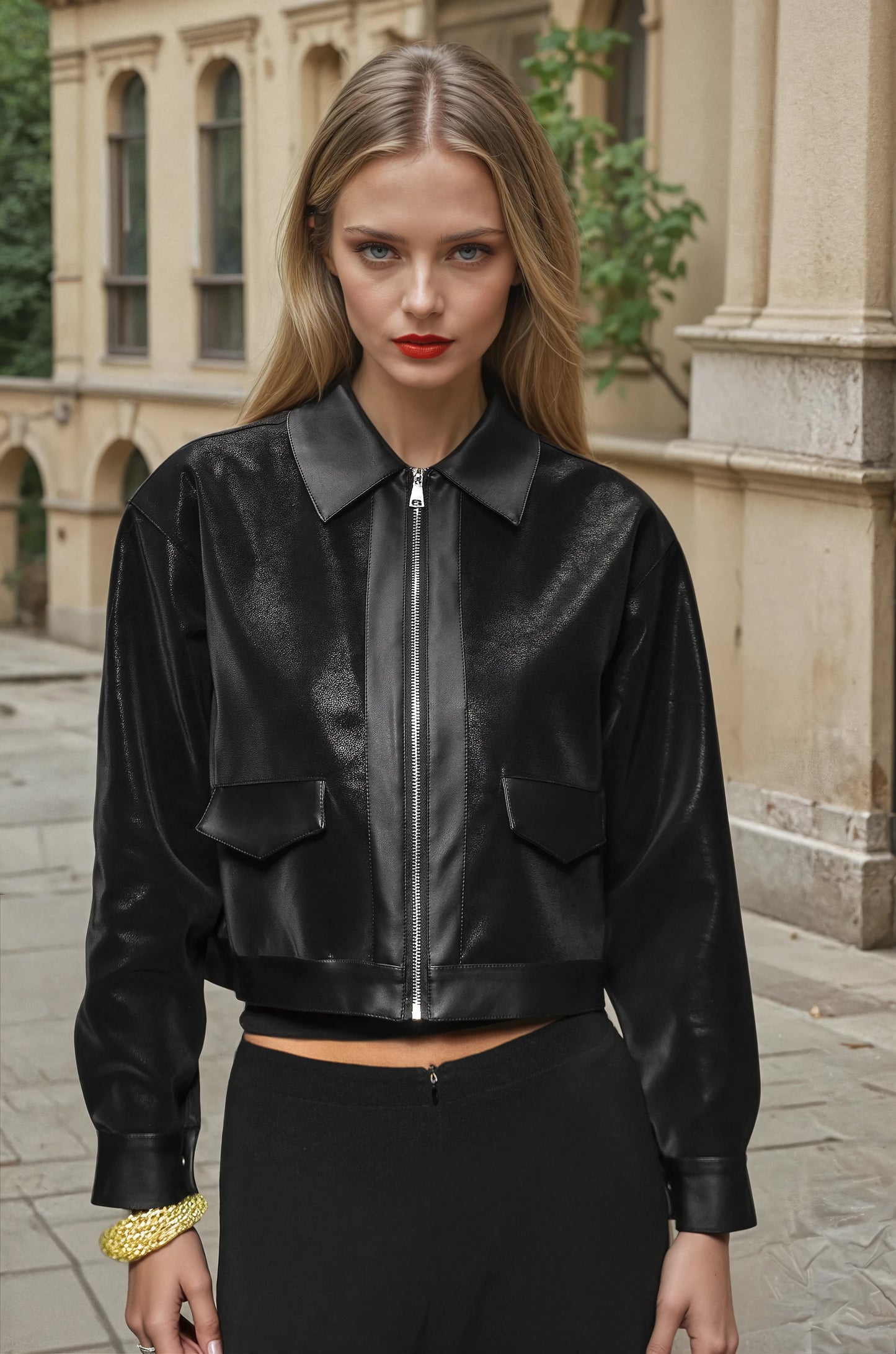 Arish Leather Jacket Athletic Mid-Weight Short Jacket Black