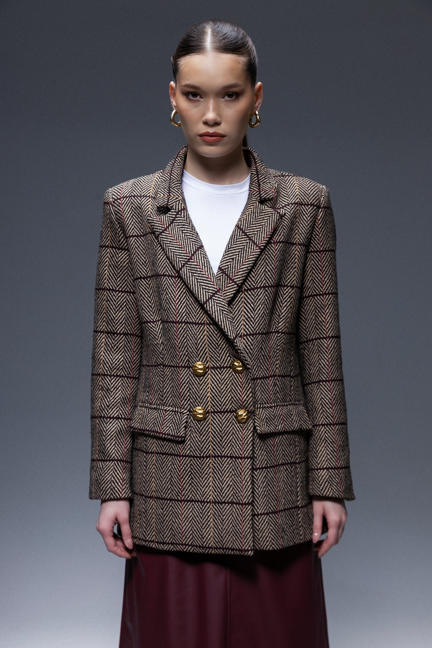 Pinnacle Garments Double Breasted Herringbone Beige Classic Blazer – Wool Tweed Oversized Fit