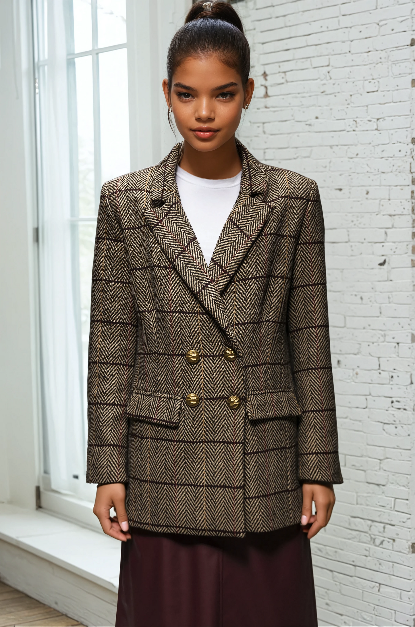 Pinnacle Garments Double Breasted Herringbone Beige Classic Blazer – Wool Tweed Oversized Fit