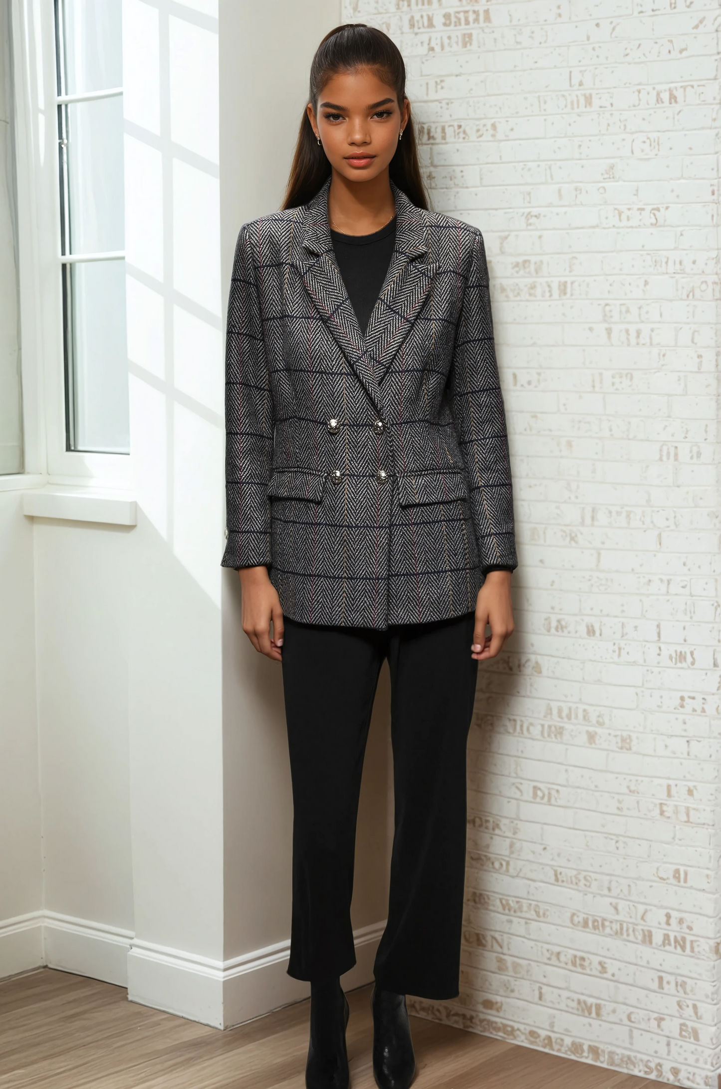 Esna Herringbone Wool Blazer Grey