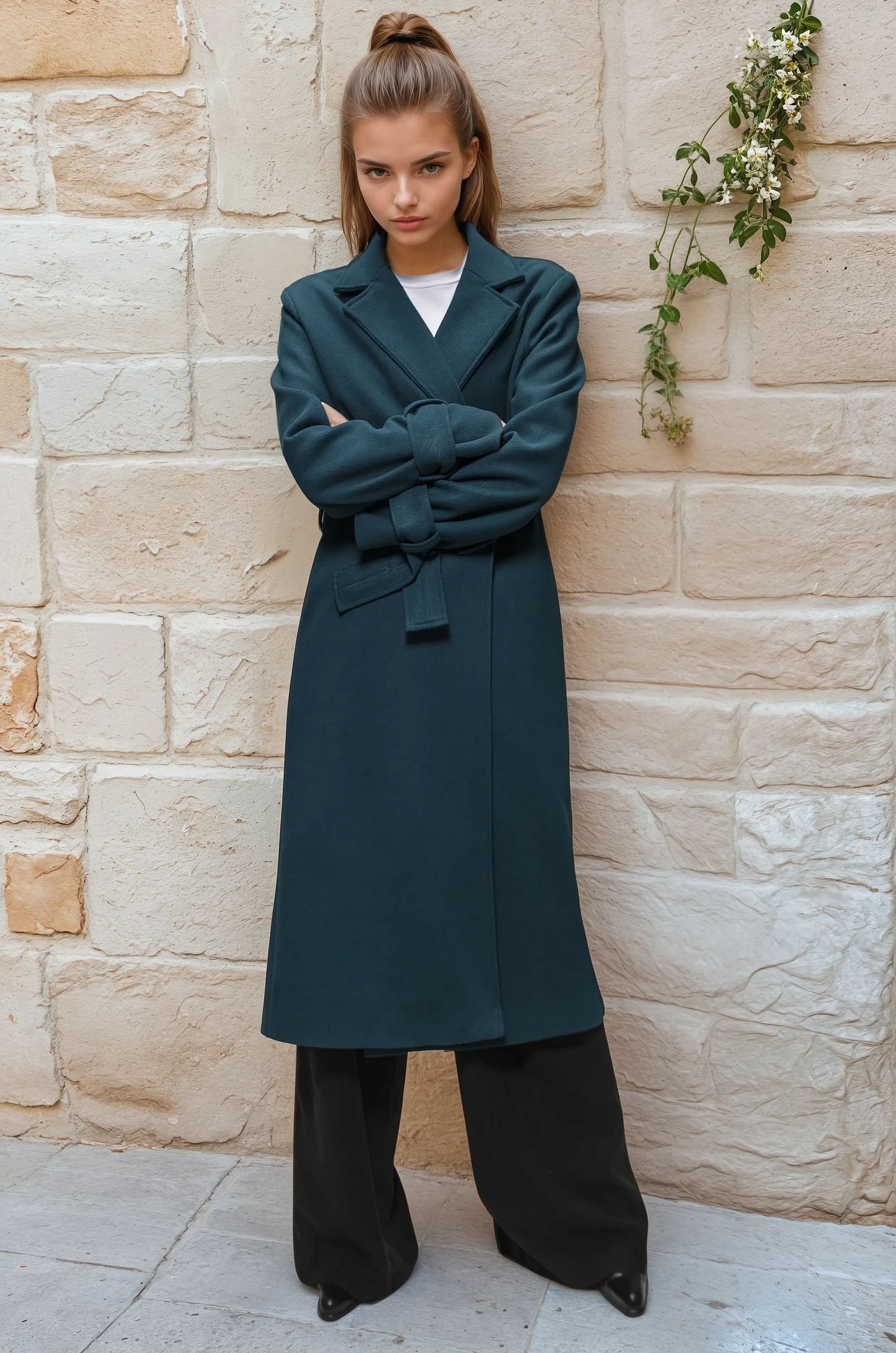 Faiyum Coat – Wool Blend Dark Teal Overcoat, Long Winter Coat