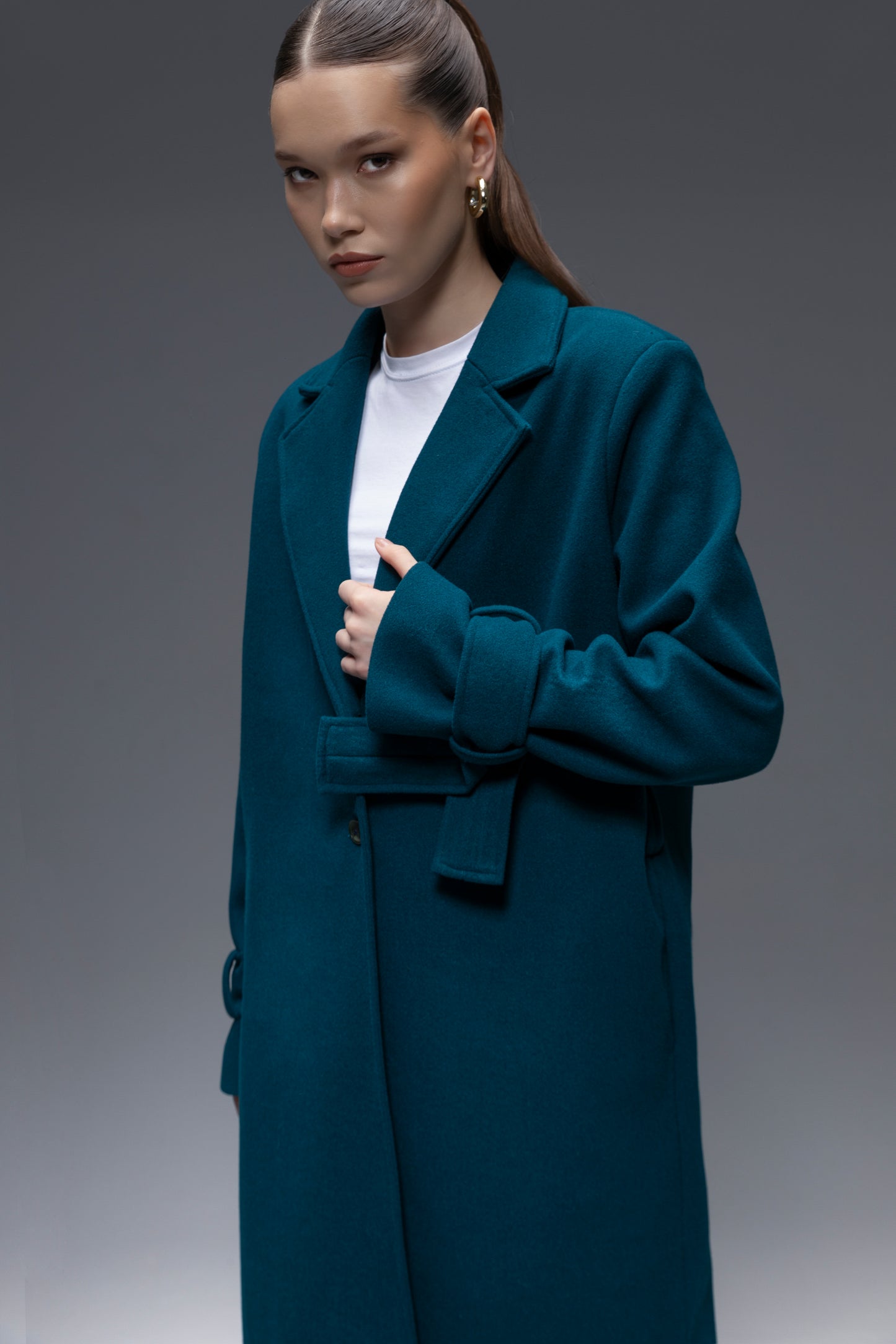Faiyum Coat – Wool Blend Dark Teal Overcoat, Long Winter Coat