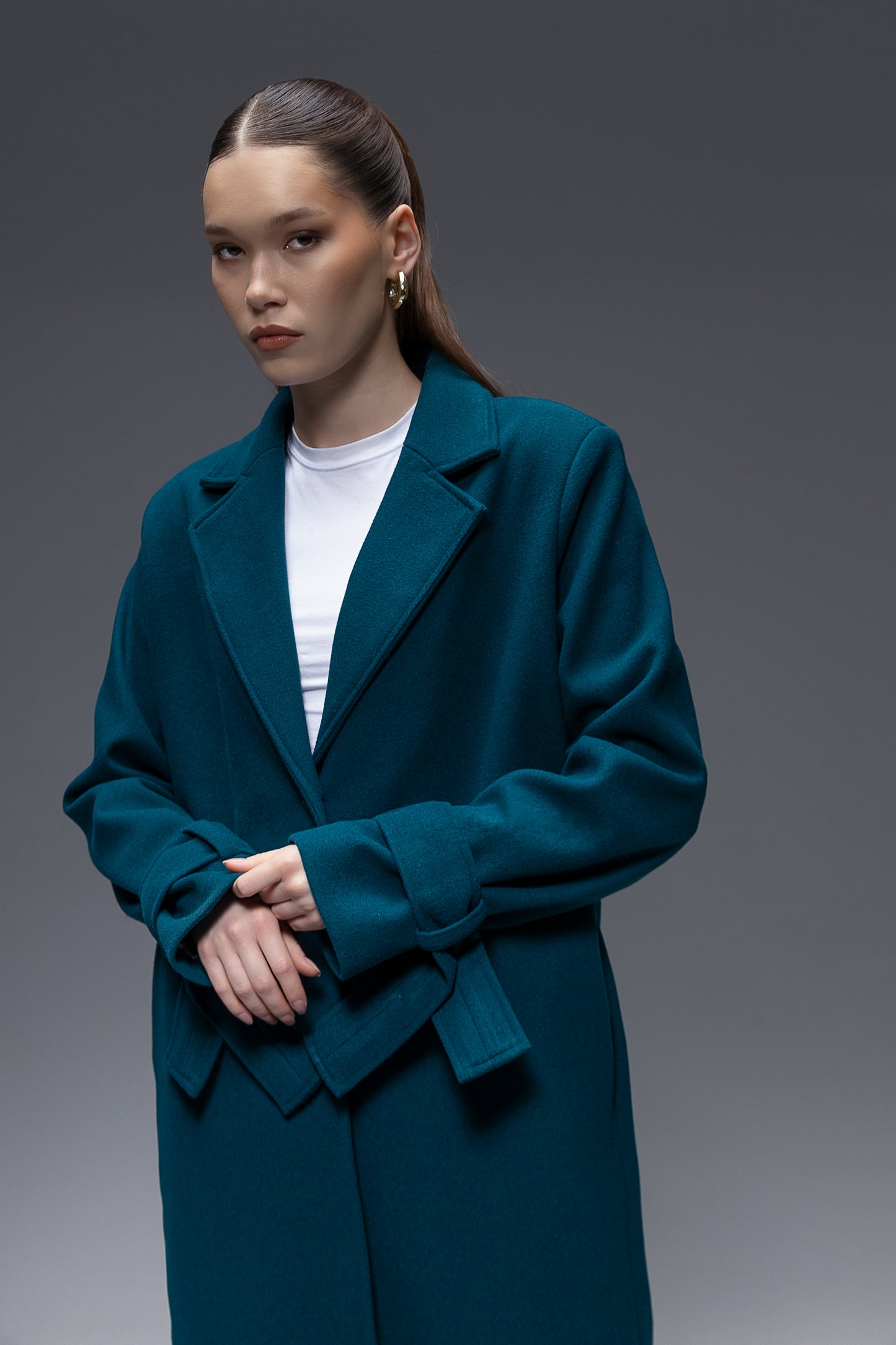 Faiyum Coat – Wool Blend Dark Teal Overcoat, Long Winter Coat
