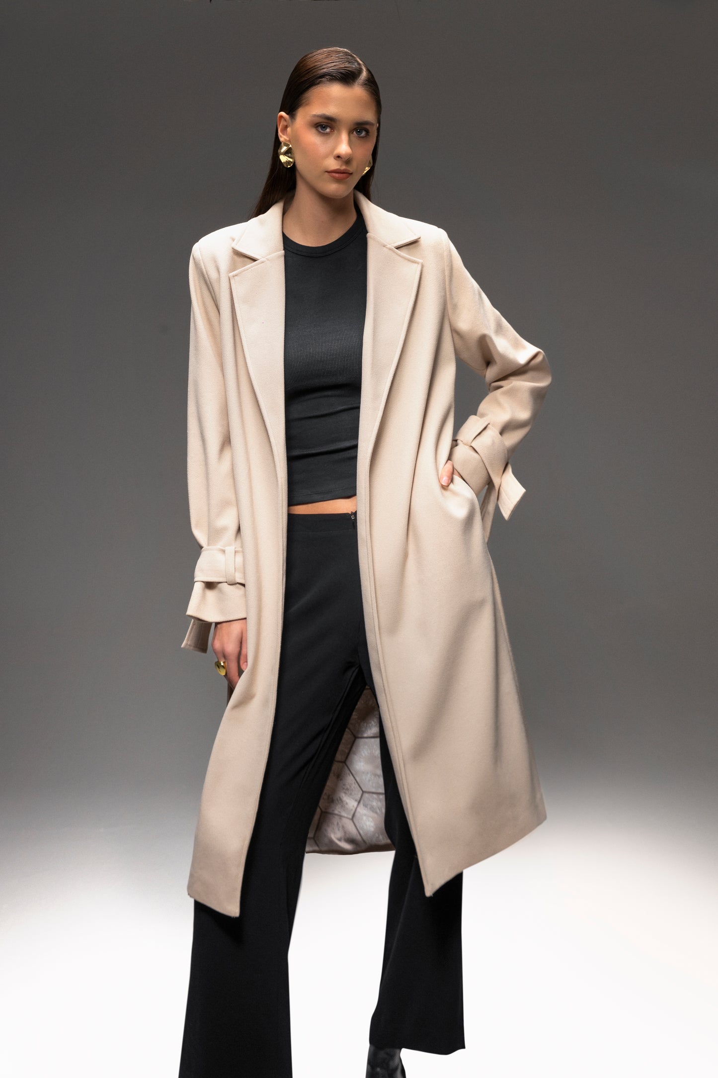 Faiyum Coat – Wool Blend Sand Overcoat, Long Winter Coat