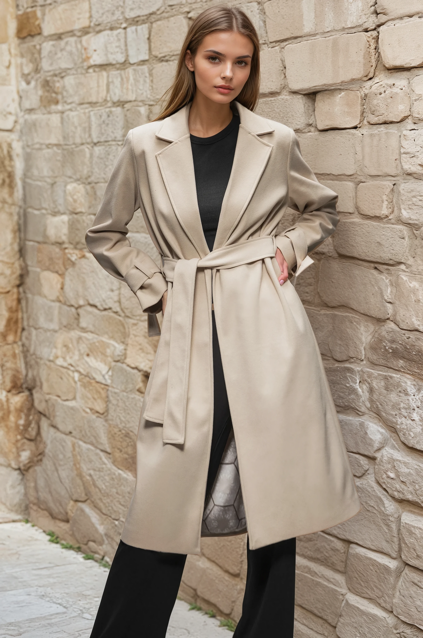 Faiyum Coat – Wool Blend Sand Overcoat, Long Winter Coat
