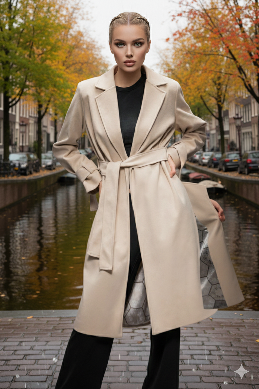Faiyum Coat – Wool Blend Sand Overcoat, Long Winter Coat