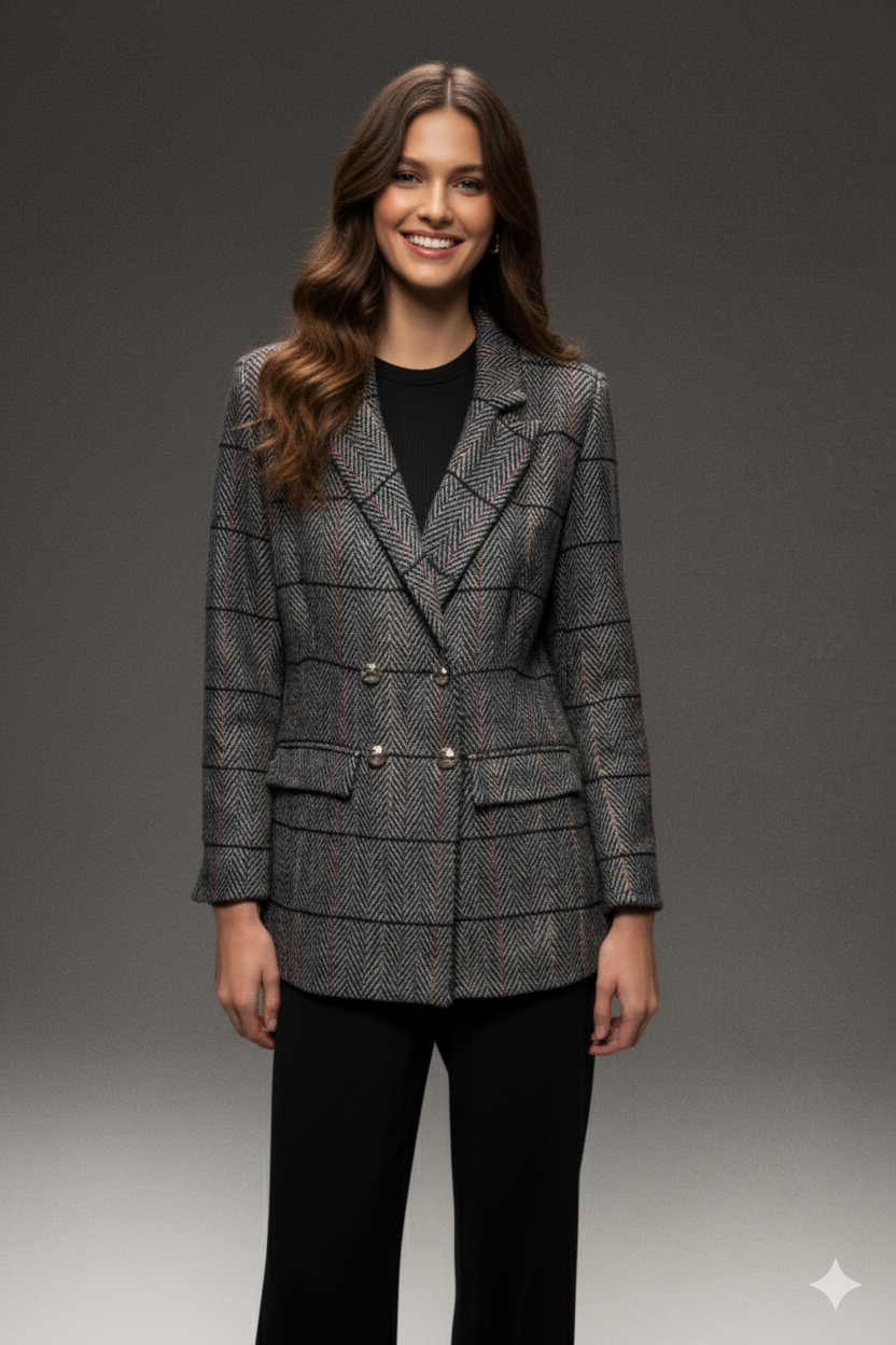 Esna Herringbone Wool Blazer Grey