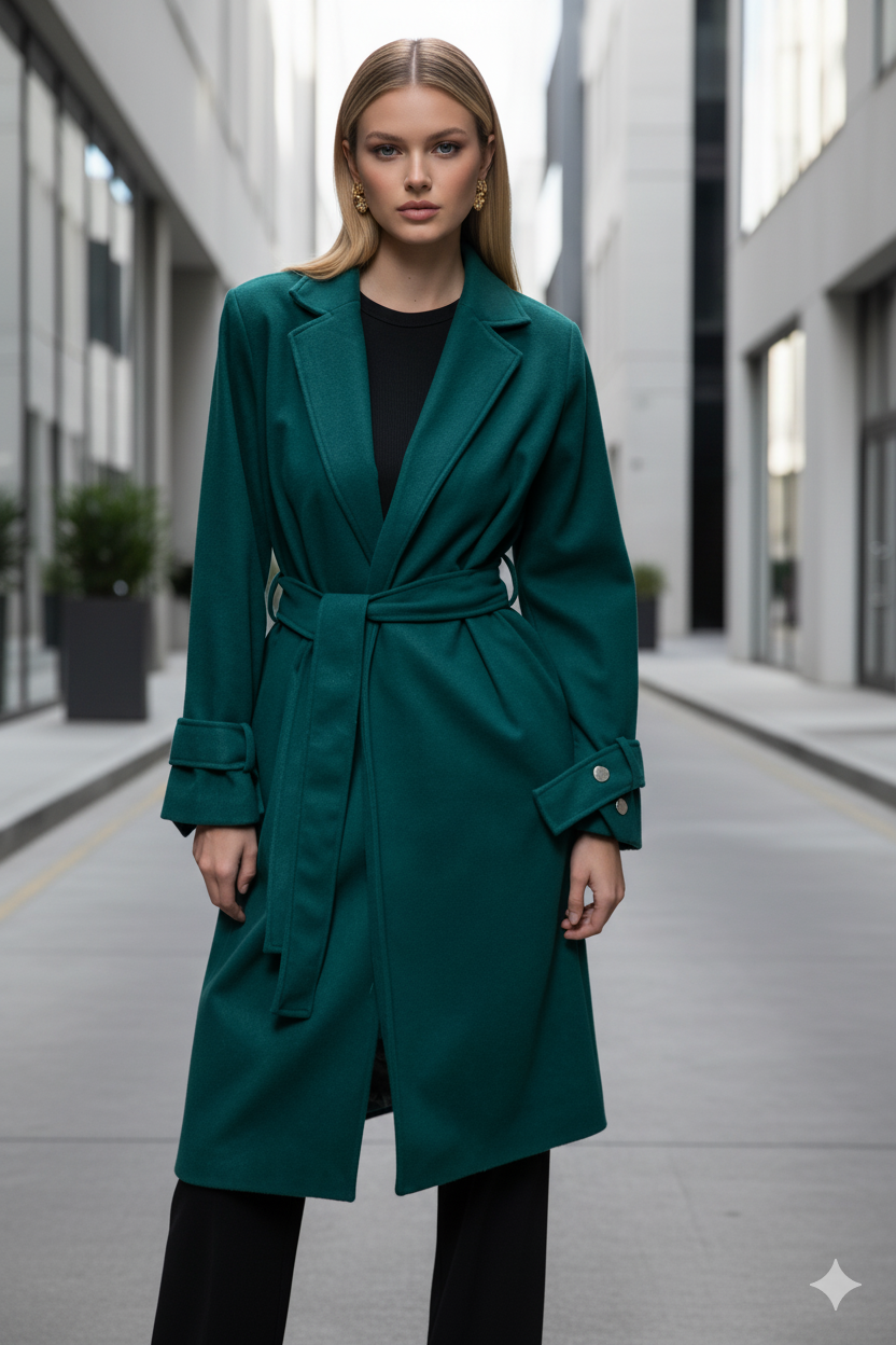 Faiyum Coat – Wool Blend Emerald Overcoat, Long Winter Coat