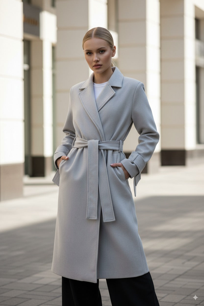 Faiyum Coat – Wool Blend Ice Grey Overcoat, Long Winter Coat