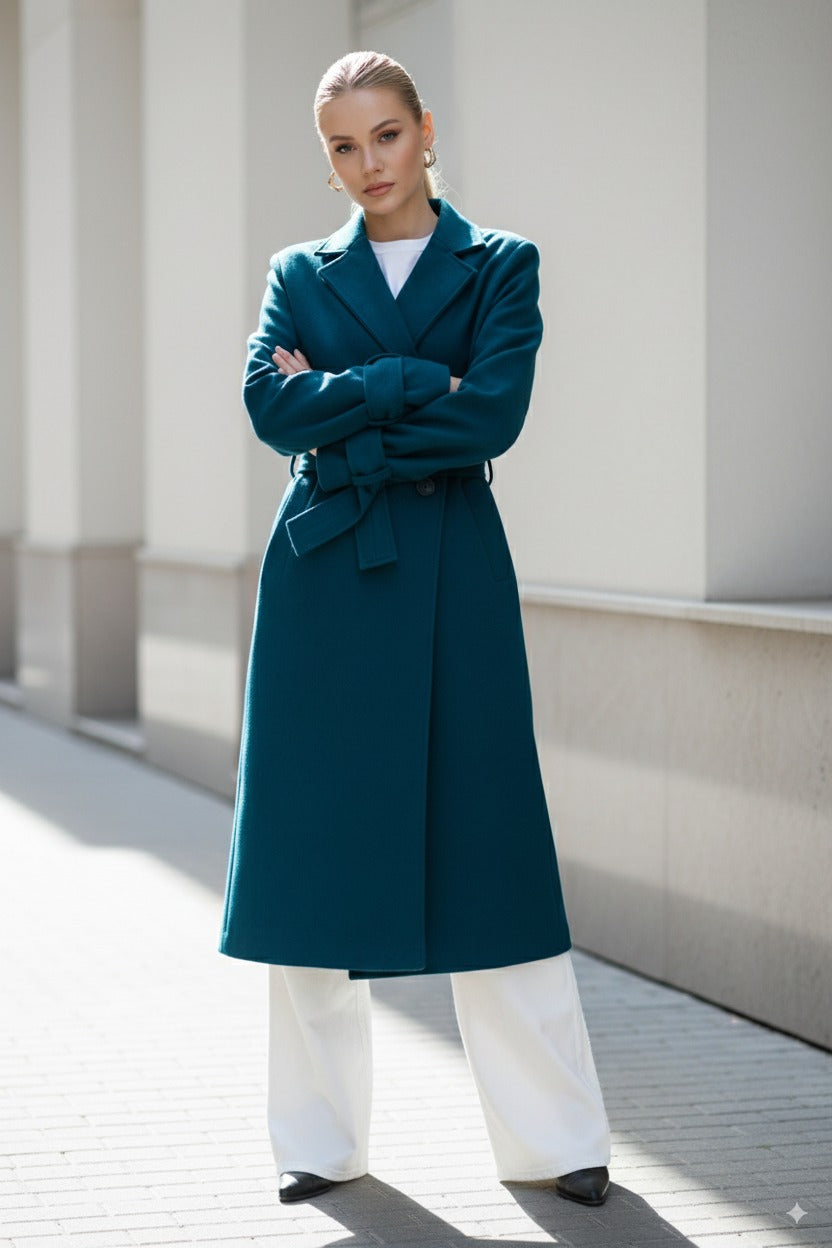 Faiyum Coat – Wool Blend Dark Teal Overcoat, Long Winter Coat