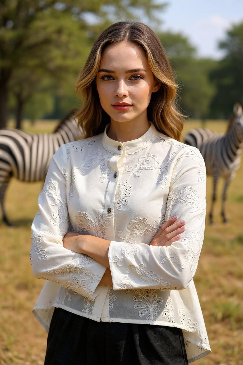 Ginara Broderie White Blouse โ 100% Cotton, Embroidered Top for Women