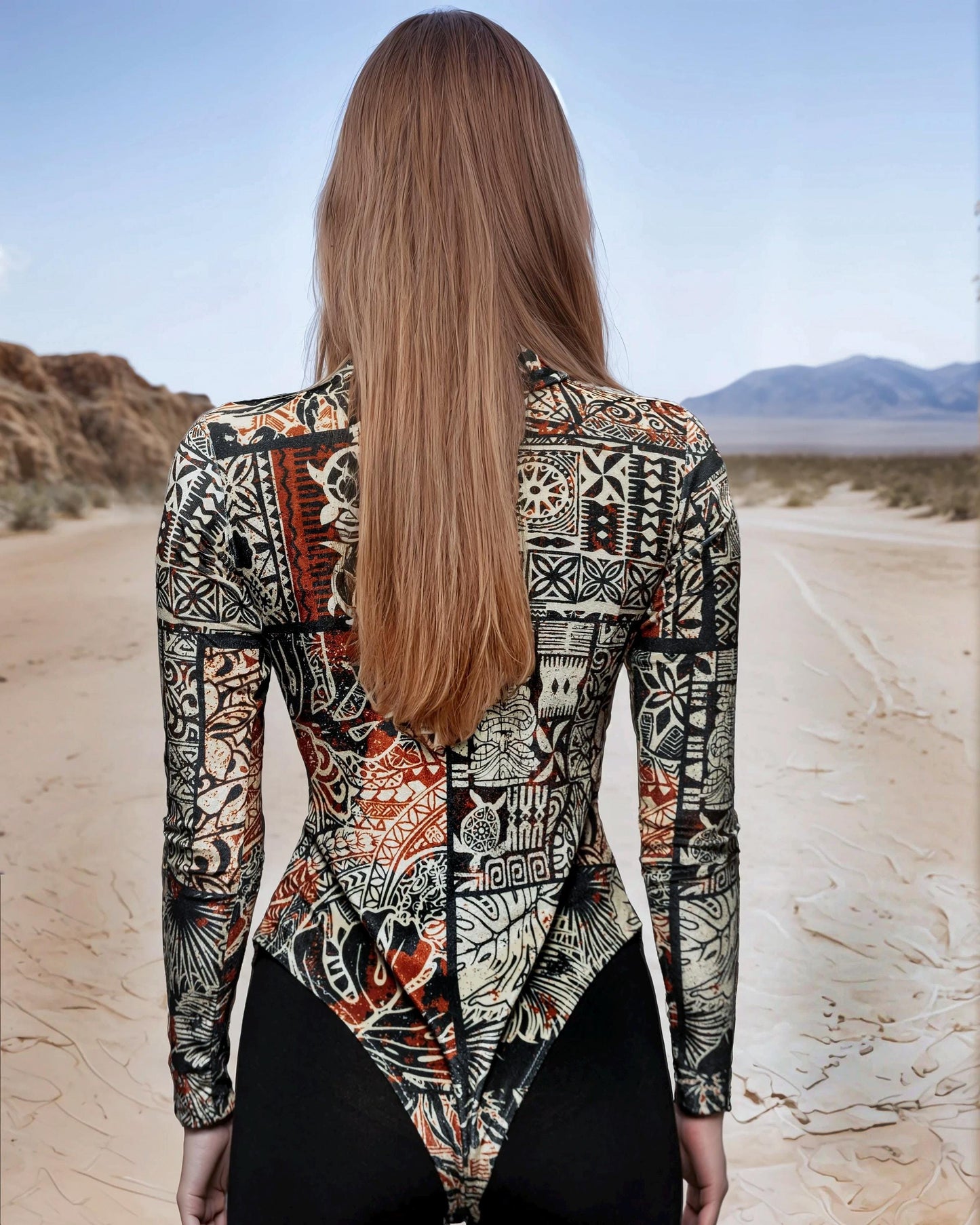 Avant Garde High Neck Multicolor Long Sleeve Velvet Bodysuit, Stylish Bodysuit for Women