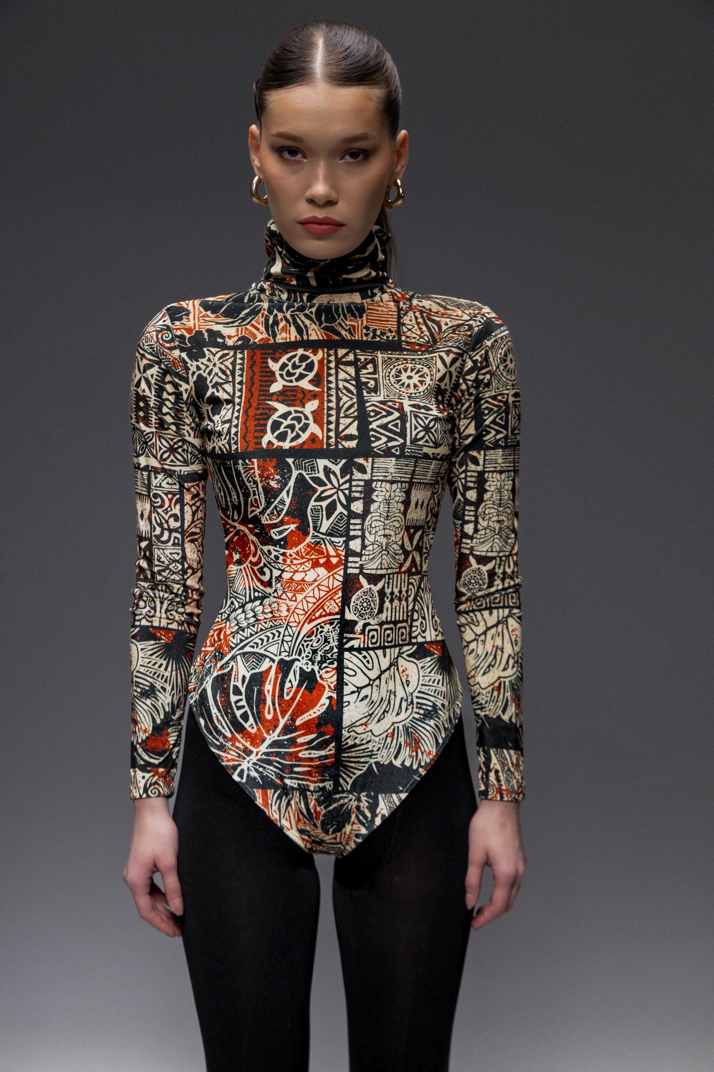 Avant Garde High Neck Multicolor Long Sleeve Velvet Bodysuit, Stylish Bodysuit for Women