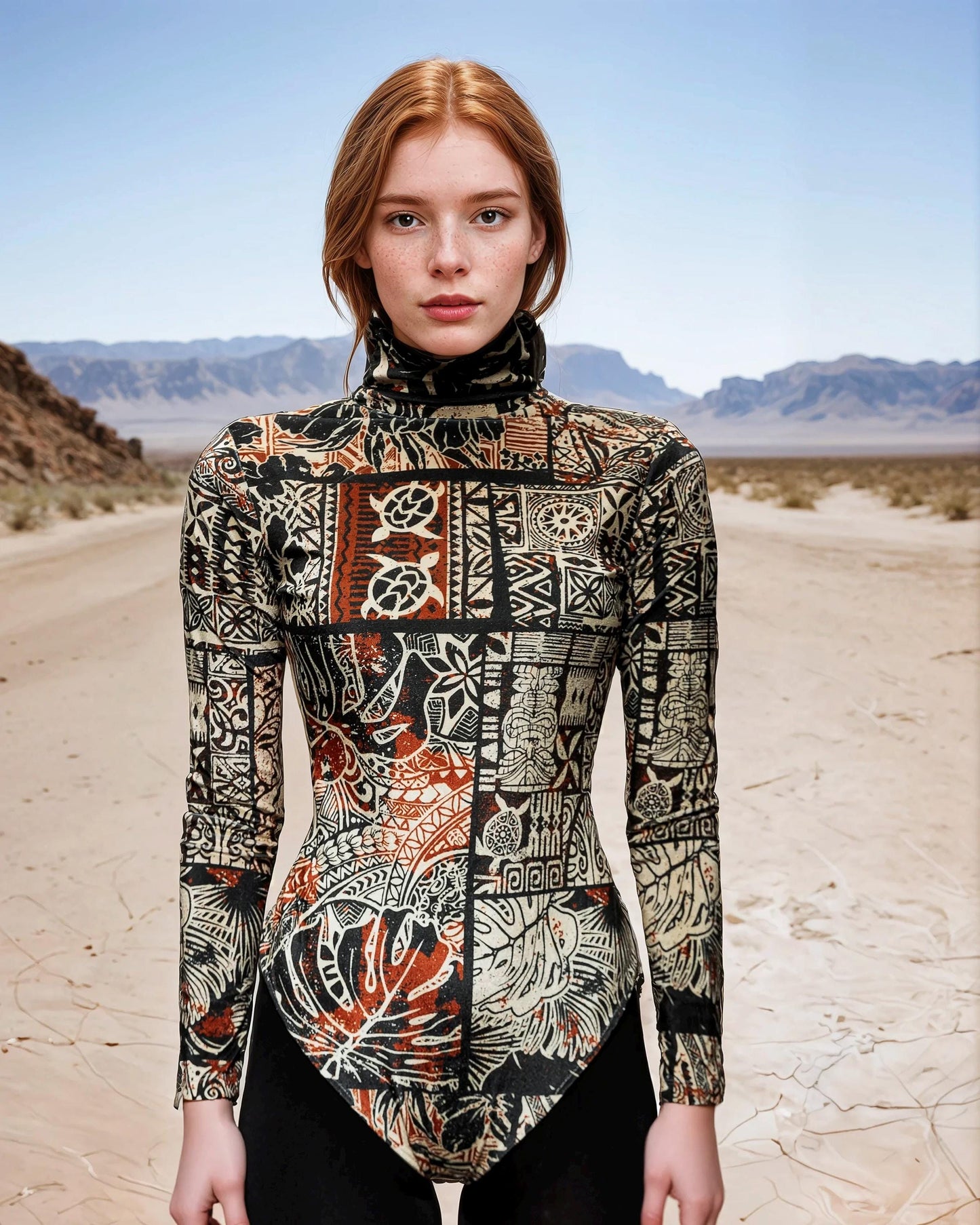 Avant Garde High Neck Multicolor Long Sleeve Velvet Bodysuit, Stylish Bodysuit for Women