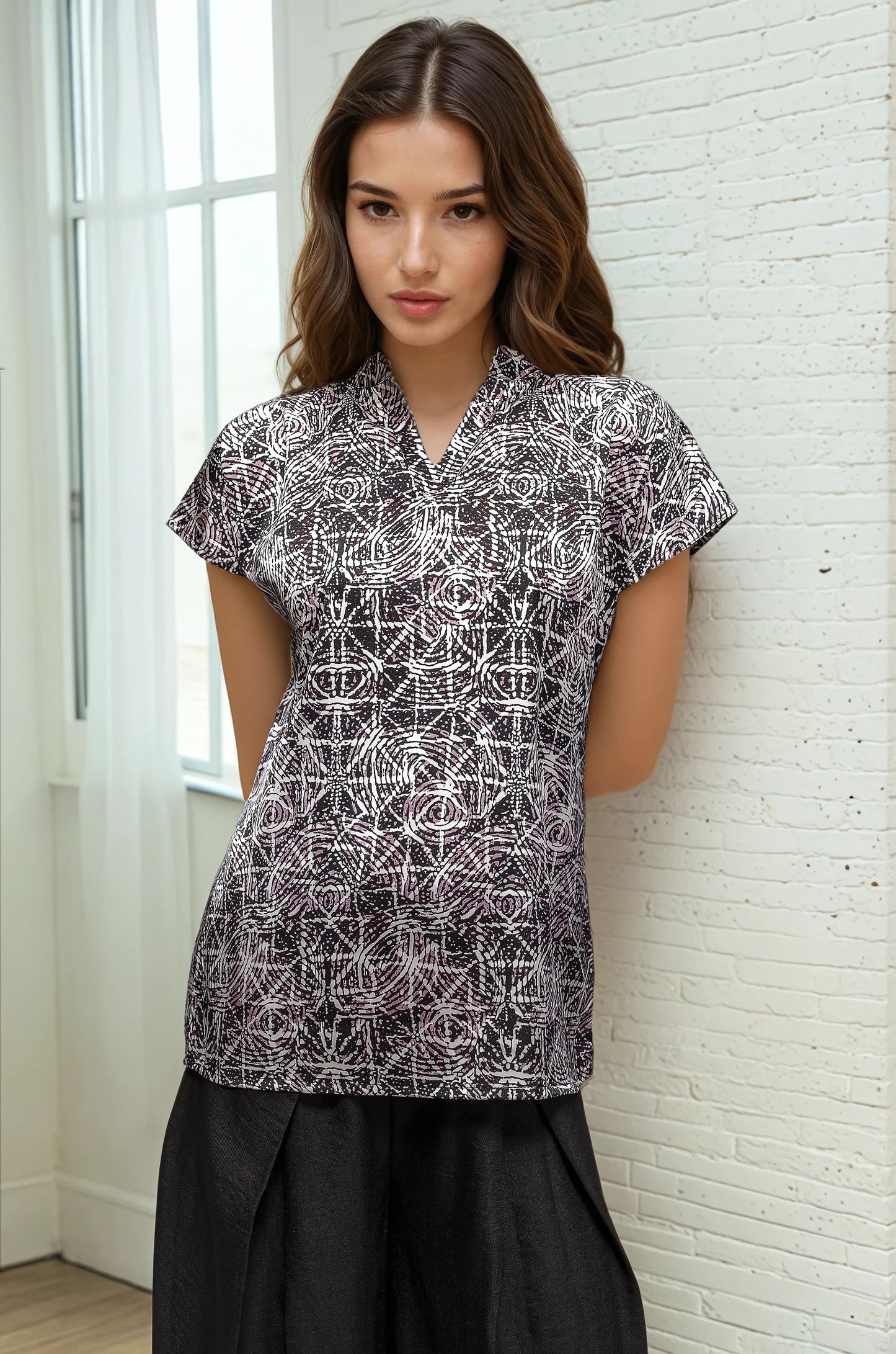 Kaleidoscope Pattern Satin Henley Drop Cut Blouse