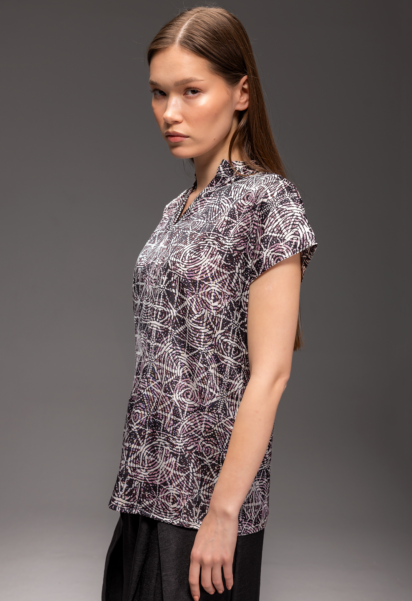 Kaleidoscope Pattern Satin Henley Drop Cut Blouse