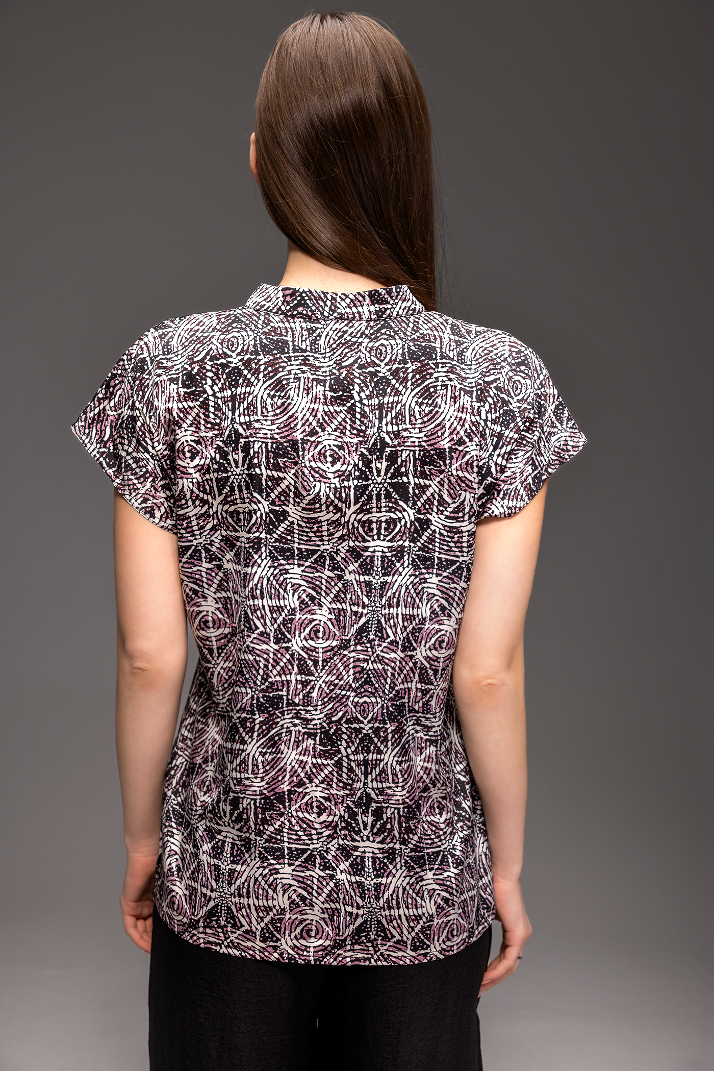 Kaleidoscope Pattern Satin Henley Drop Cut Blouse