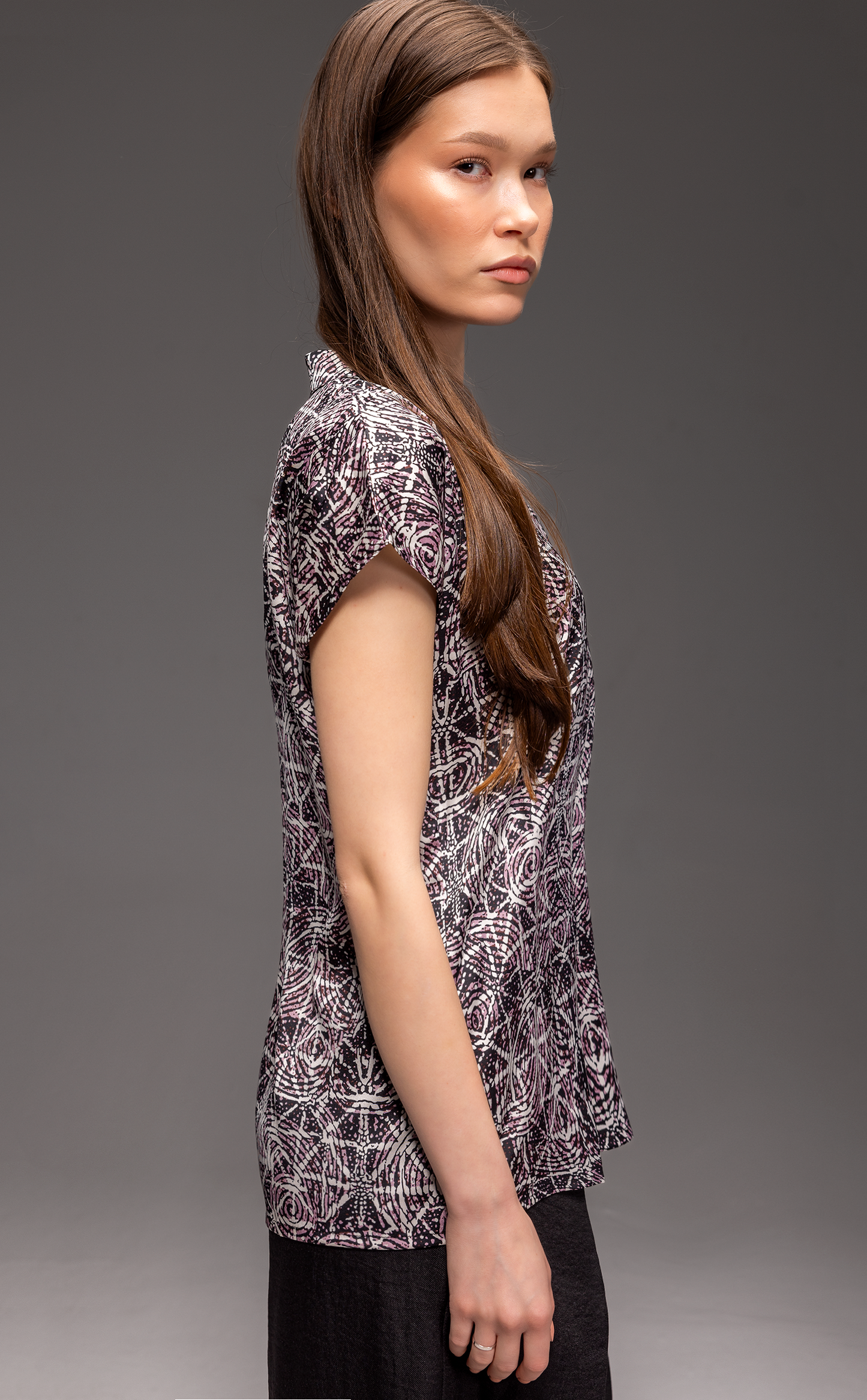 Kaleidoscope Pattern Satin Henley Drop Cut Blouse