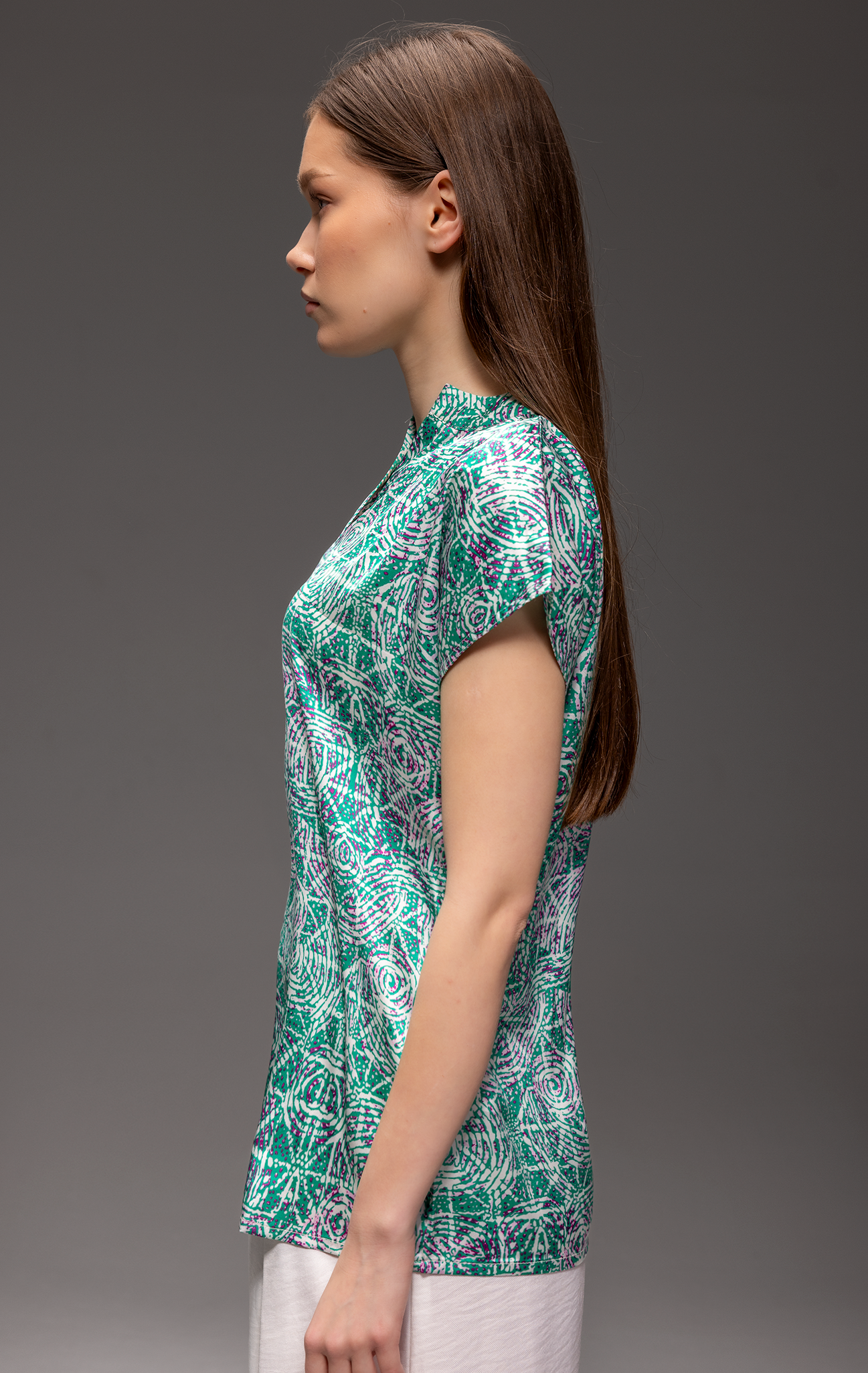 Kaleidoscope Pattern Satin Henley Drop Cut Blouse -Coming Soon