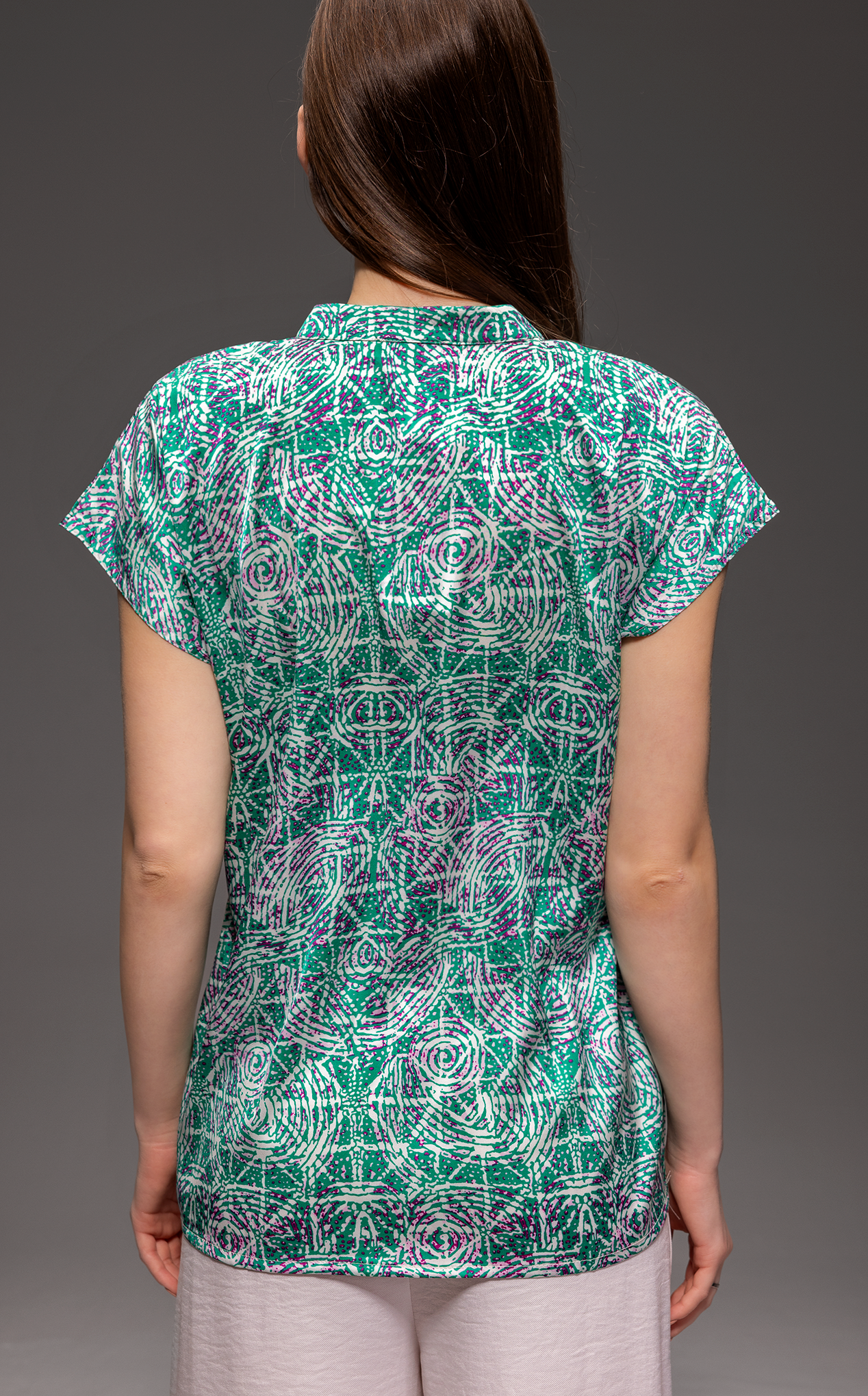 Kaleidoscope Pattern Satin Henley Drop Cut Blouse -Coming Soon