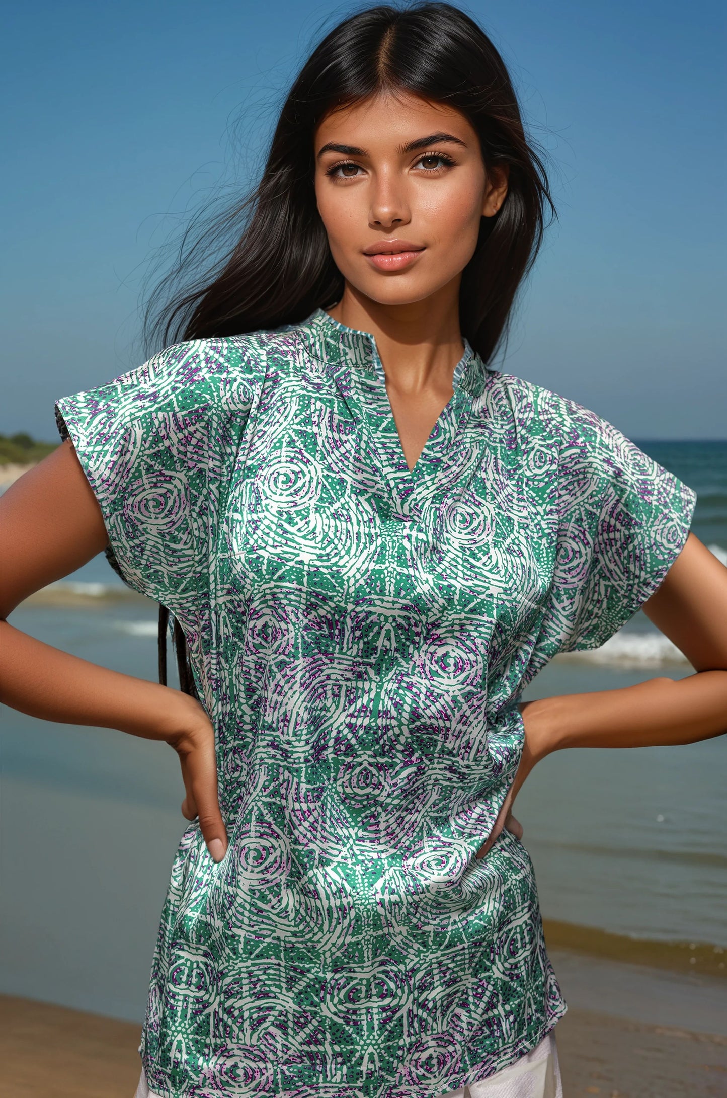 Kaleidoscope Pattern Satin Henley Drop Cut Blouse -Coming Soon