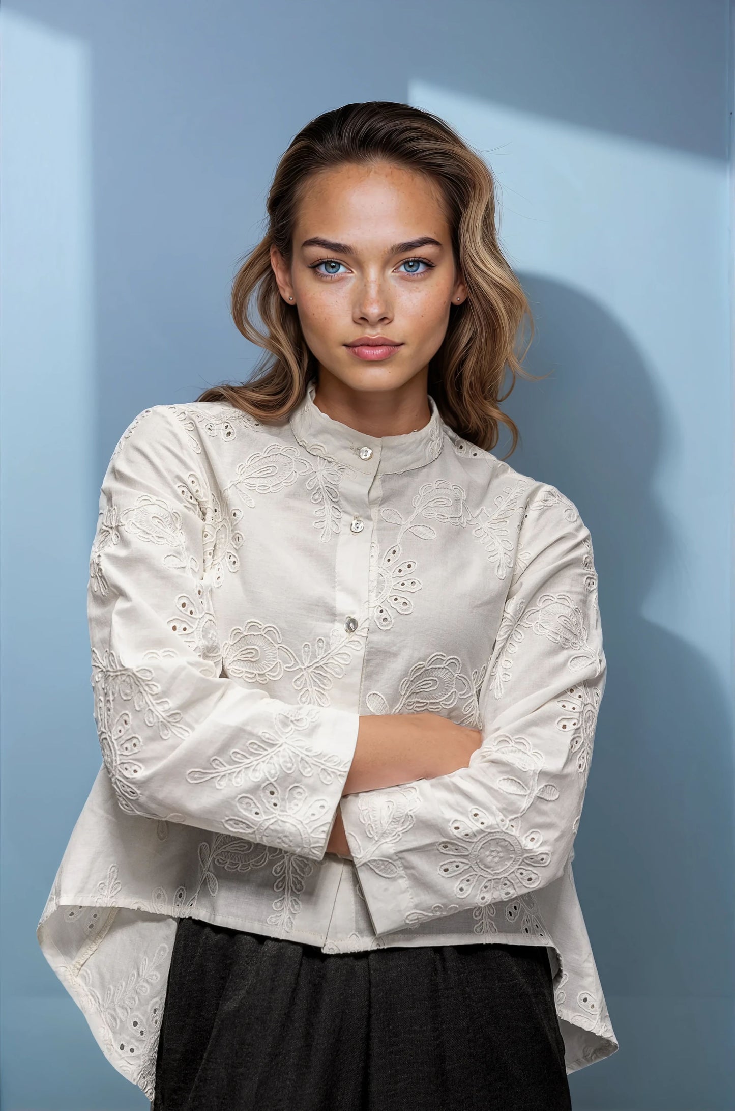 Ginara Broderie White Blouse โ 100% Cotton, Embroidered Top for Women
