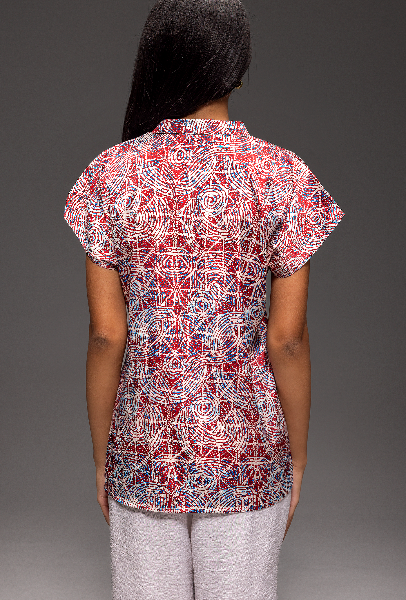 Kaleidoscope Pattern Satin Henley Drop Cut Blouse