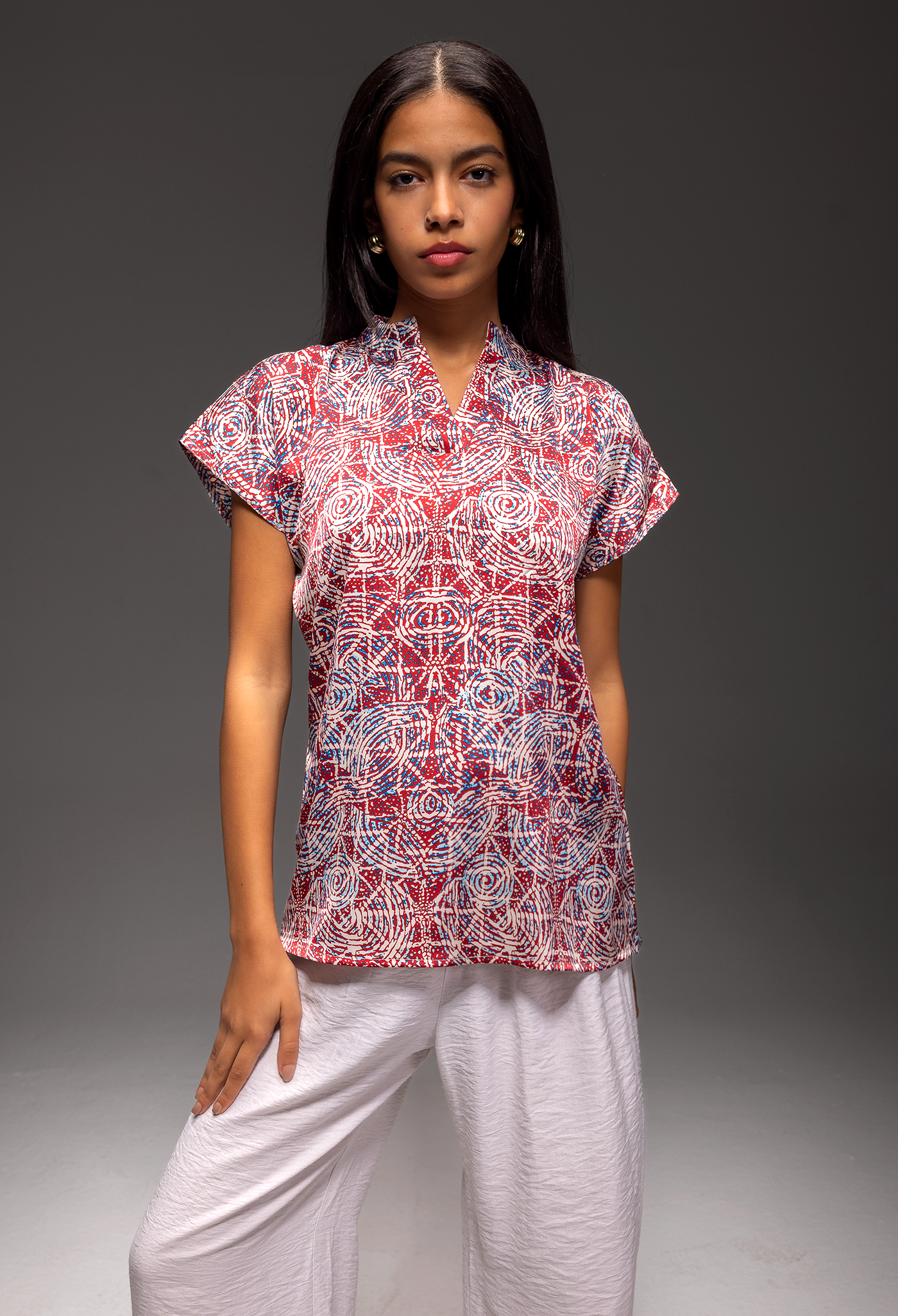 Kaleidoscope Pattern Satin Henley Drop Cut Blouse