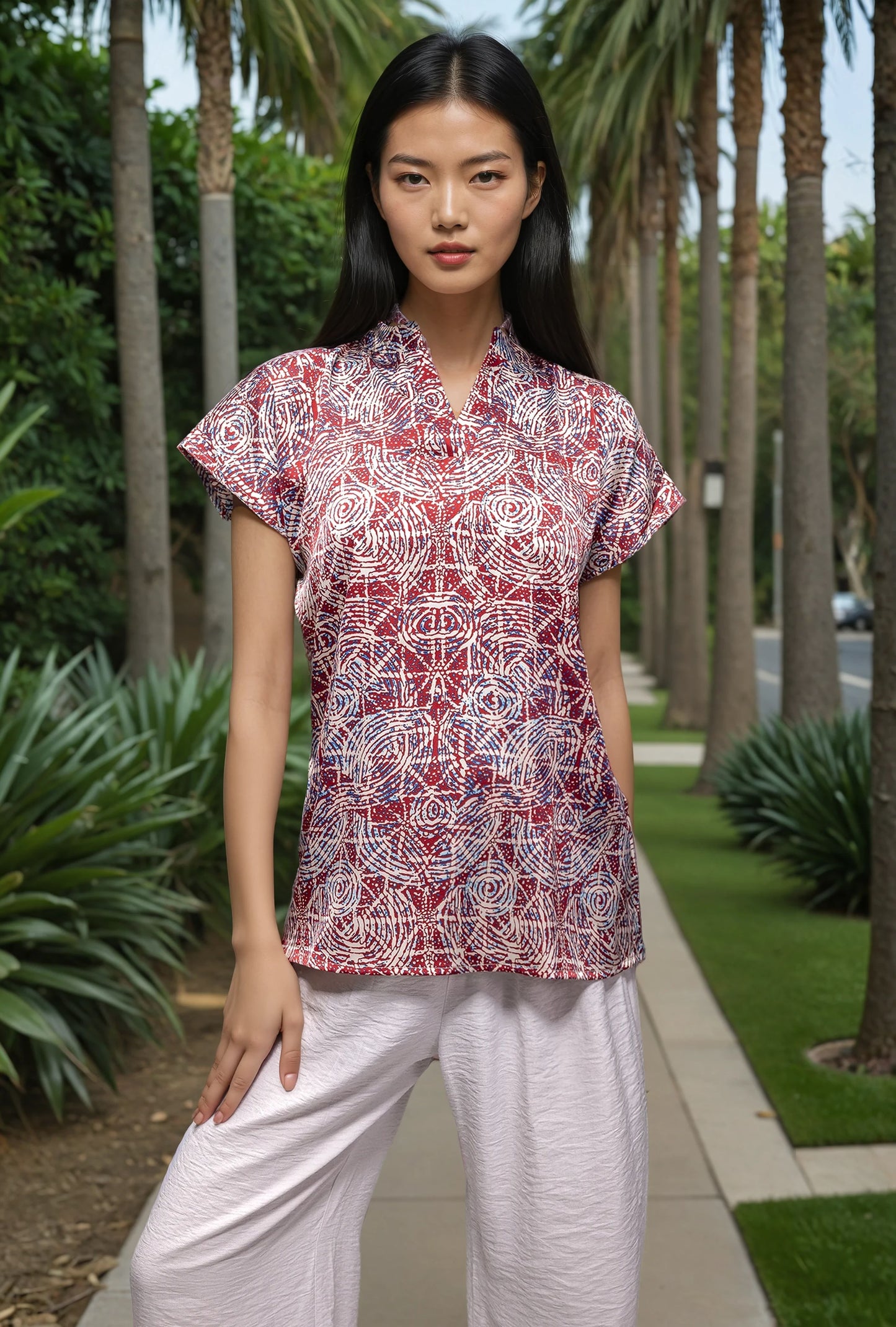 Kaleidoscope Pattern Satin Henley Drop Cut Blouse