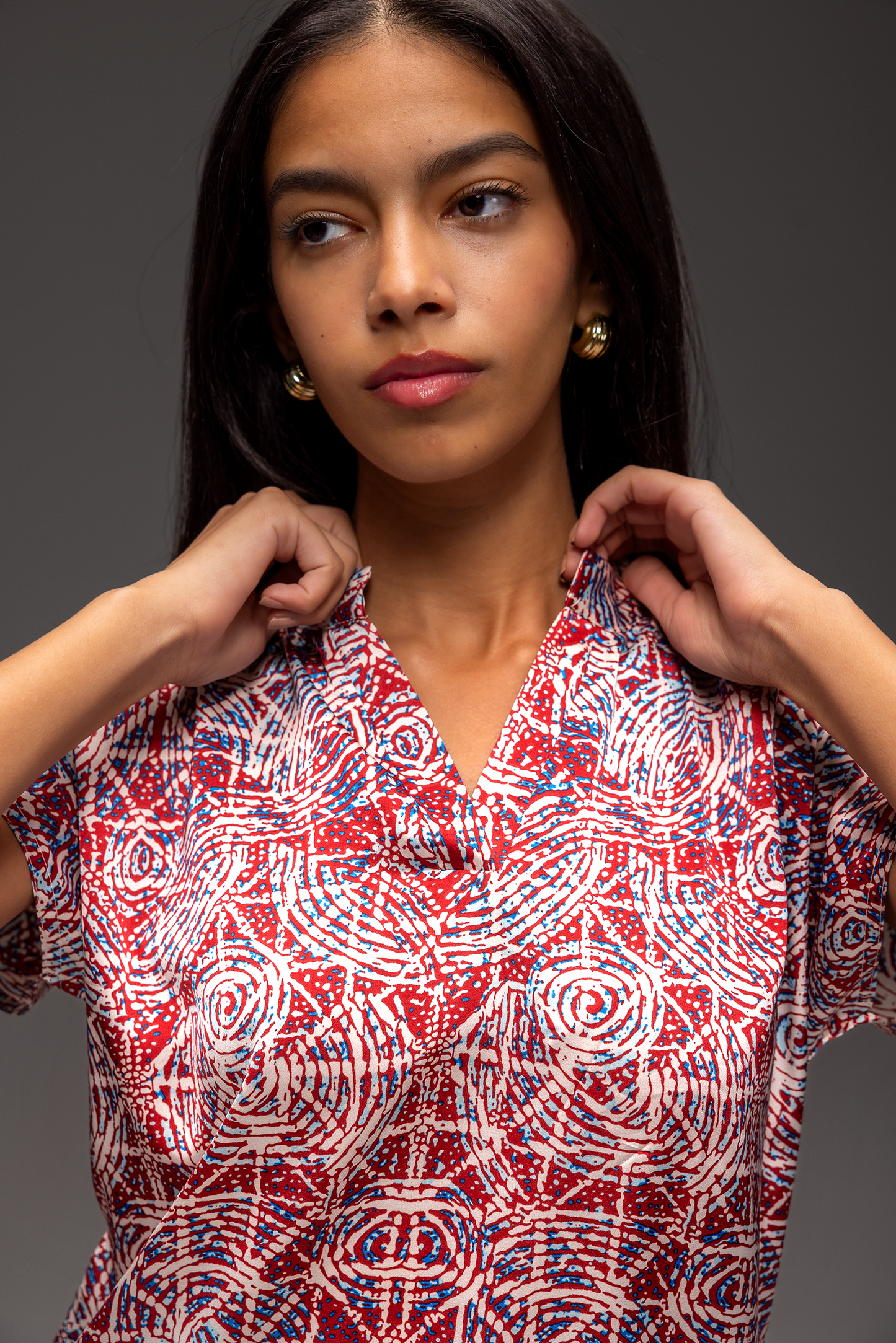 Kaleidoscope Pattern Satin Henley Drop Cut Blouse