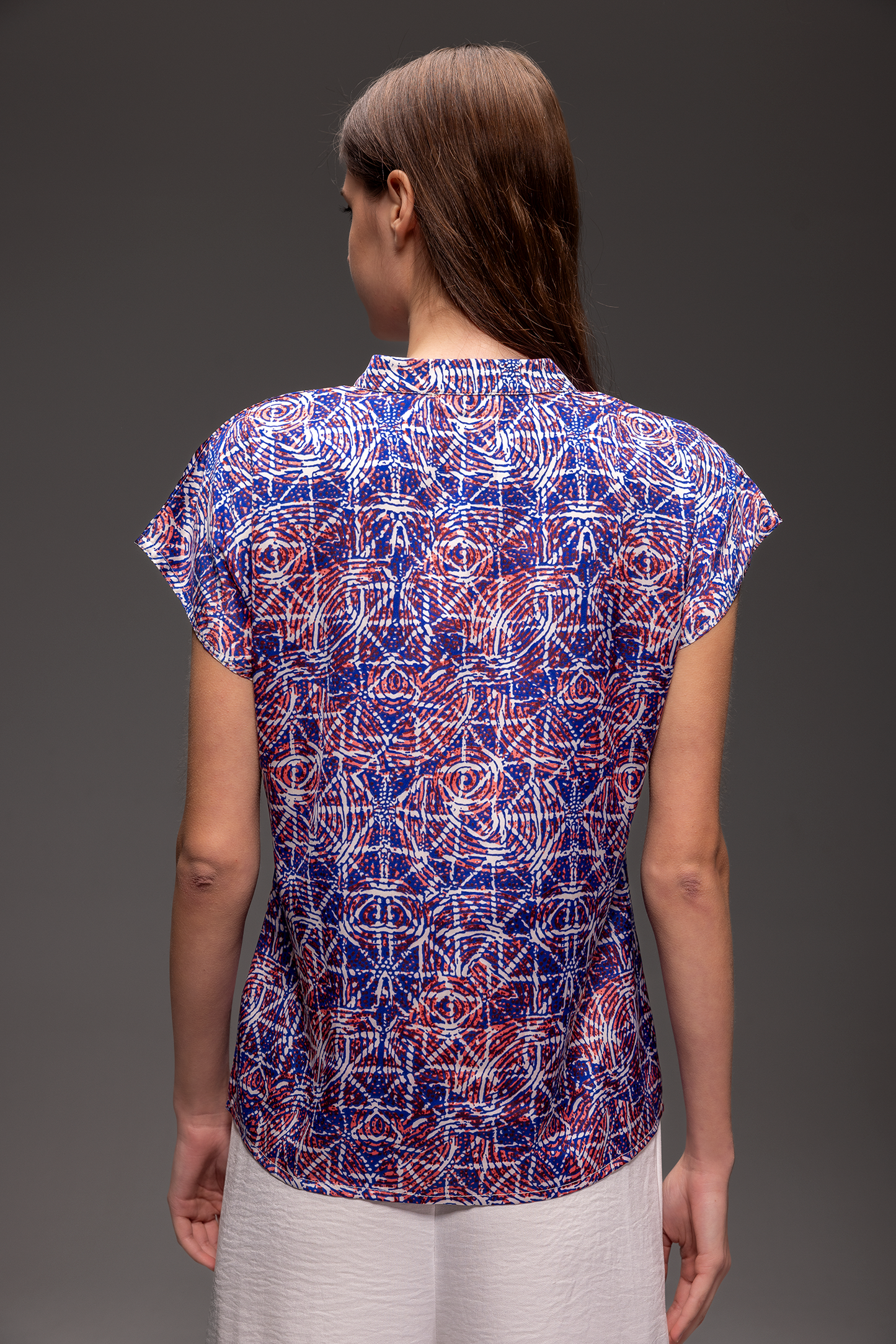 Kaleidoscope Pattern Satin Henley Drop Cut Blouse -Coming Soon