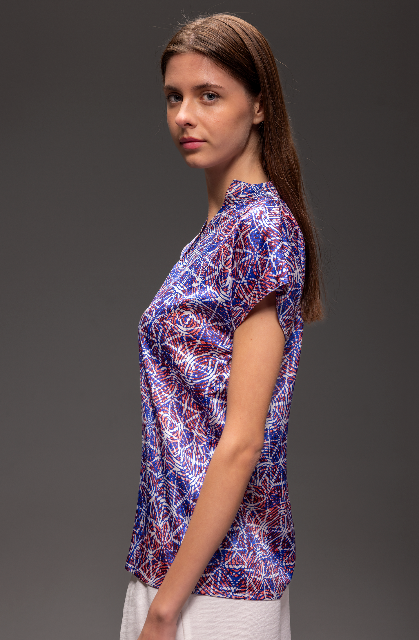 Kaleidoscope Pattern Satin Henley Drop Cut Blouse -Coming Soon