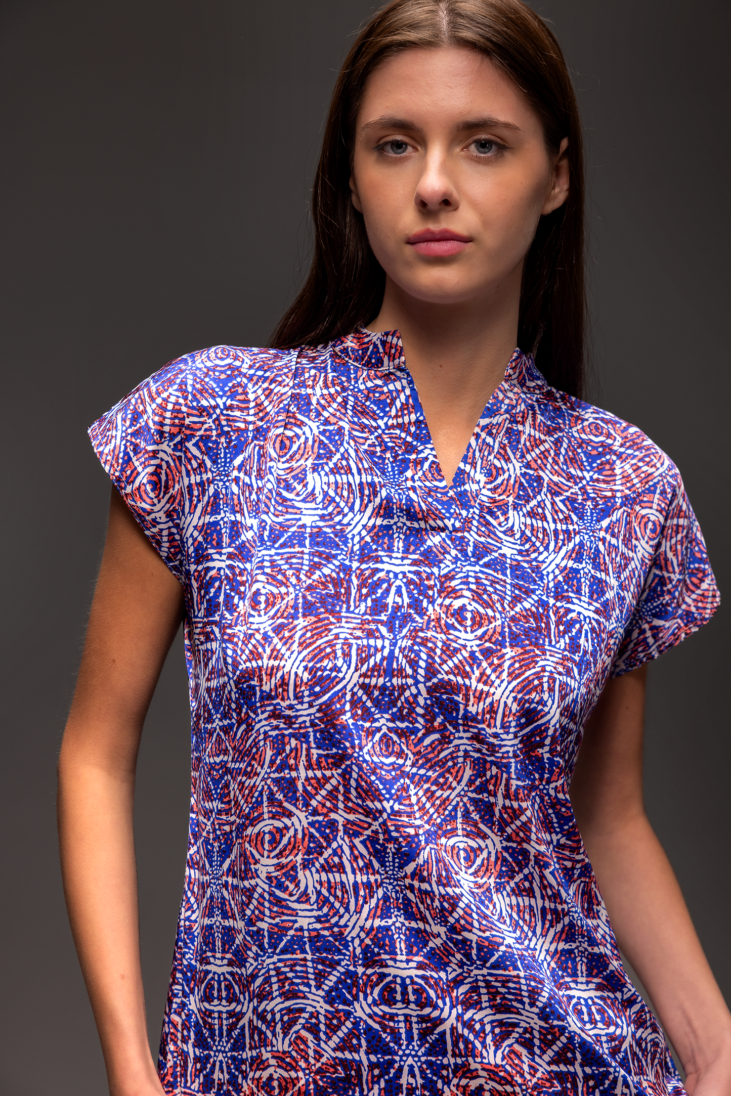 Kaleidoscope Pattern Satin Henley Drop Cut Blouse -Coming Soon