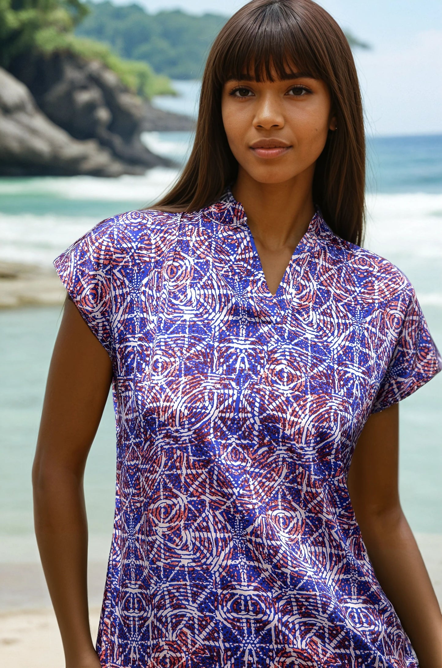 Kaleidoscope Pattern Satin Henley Drop Cut Blouse -Coming Soon