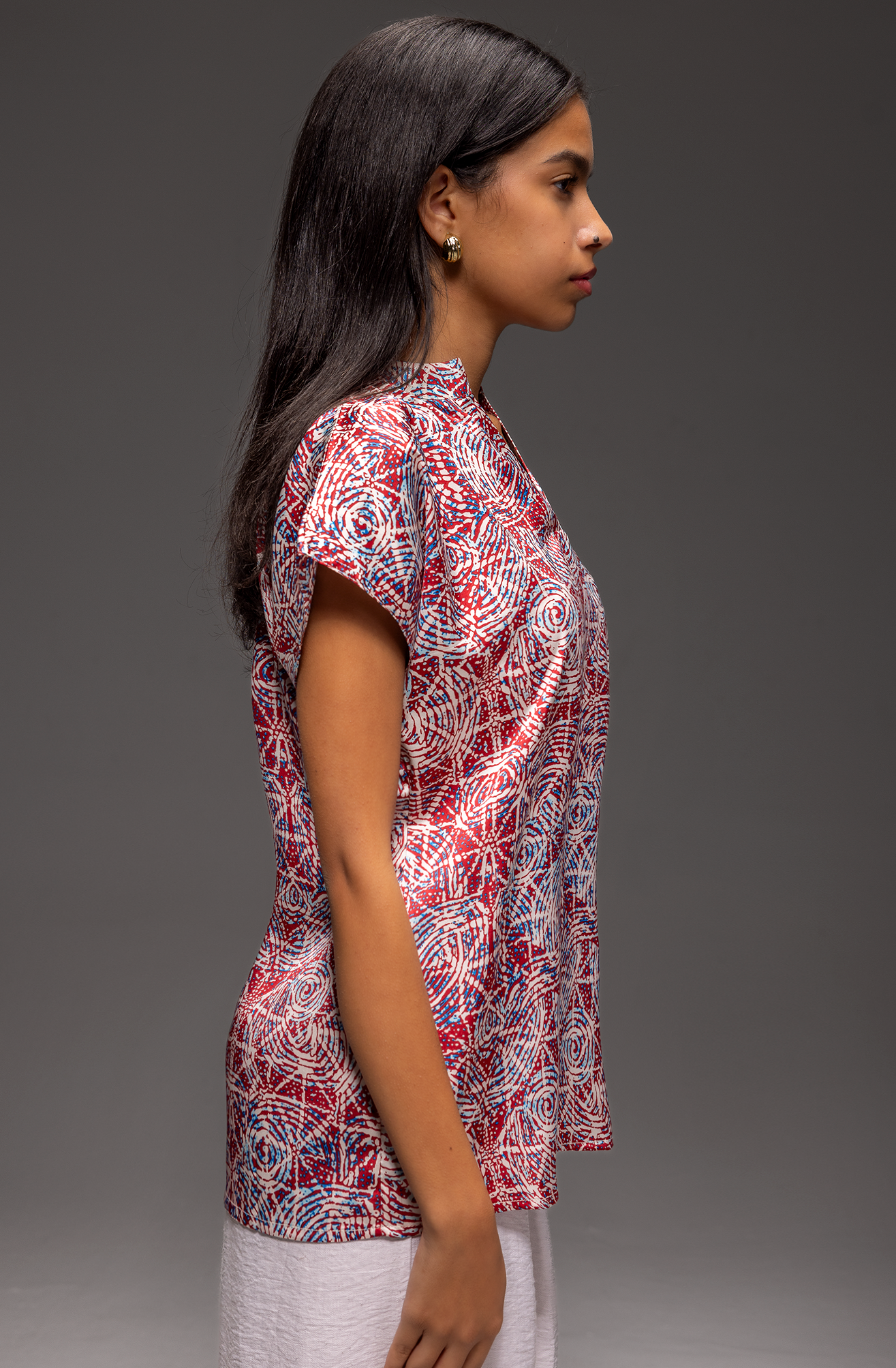 Kaleidoscope Pattern Satin Henley Drop Cut Blouse