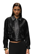 Arish Leather Jacket Athletic Mid-Weight Short Jacket  Black