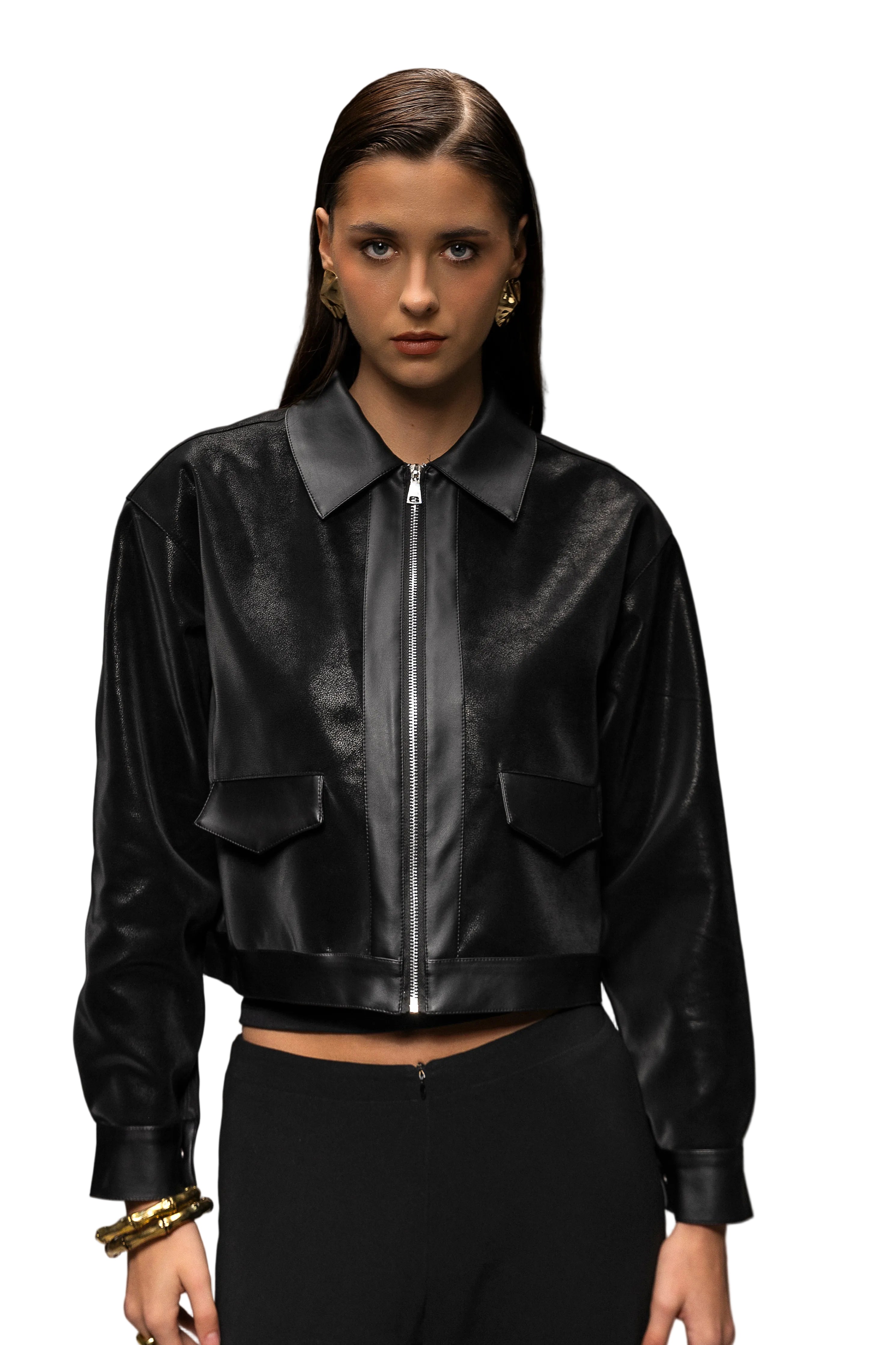 Arish Leather Jacket Athletic Mid-Weight Short Jacket  Black