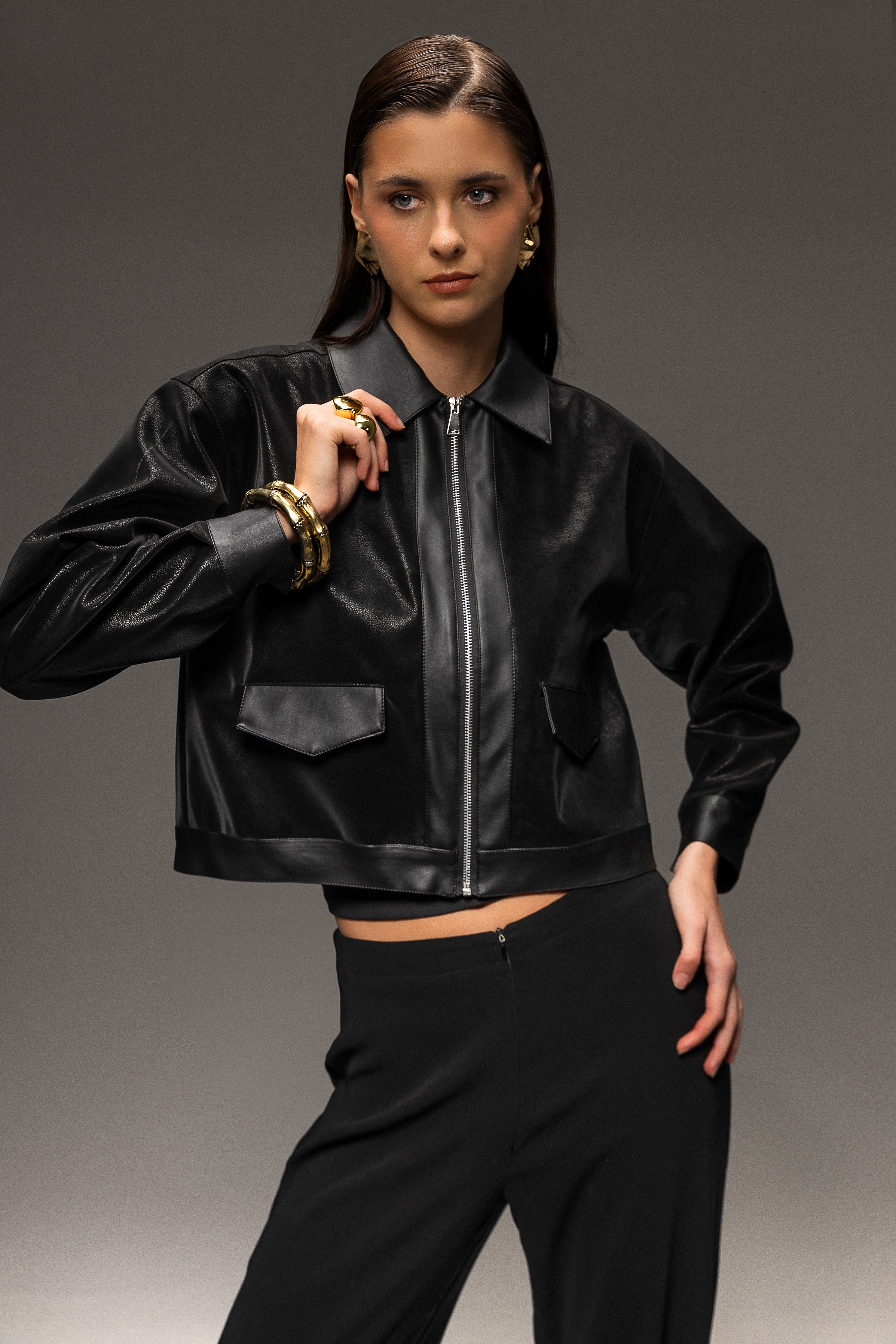 Arish Leather Jacket Athletic Mid-Weight Short Jacket  Black