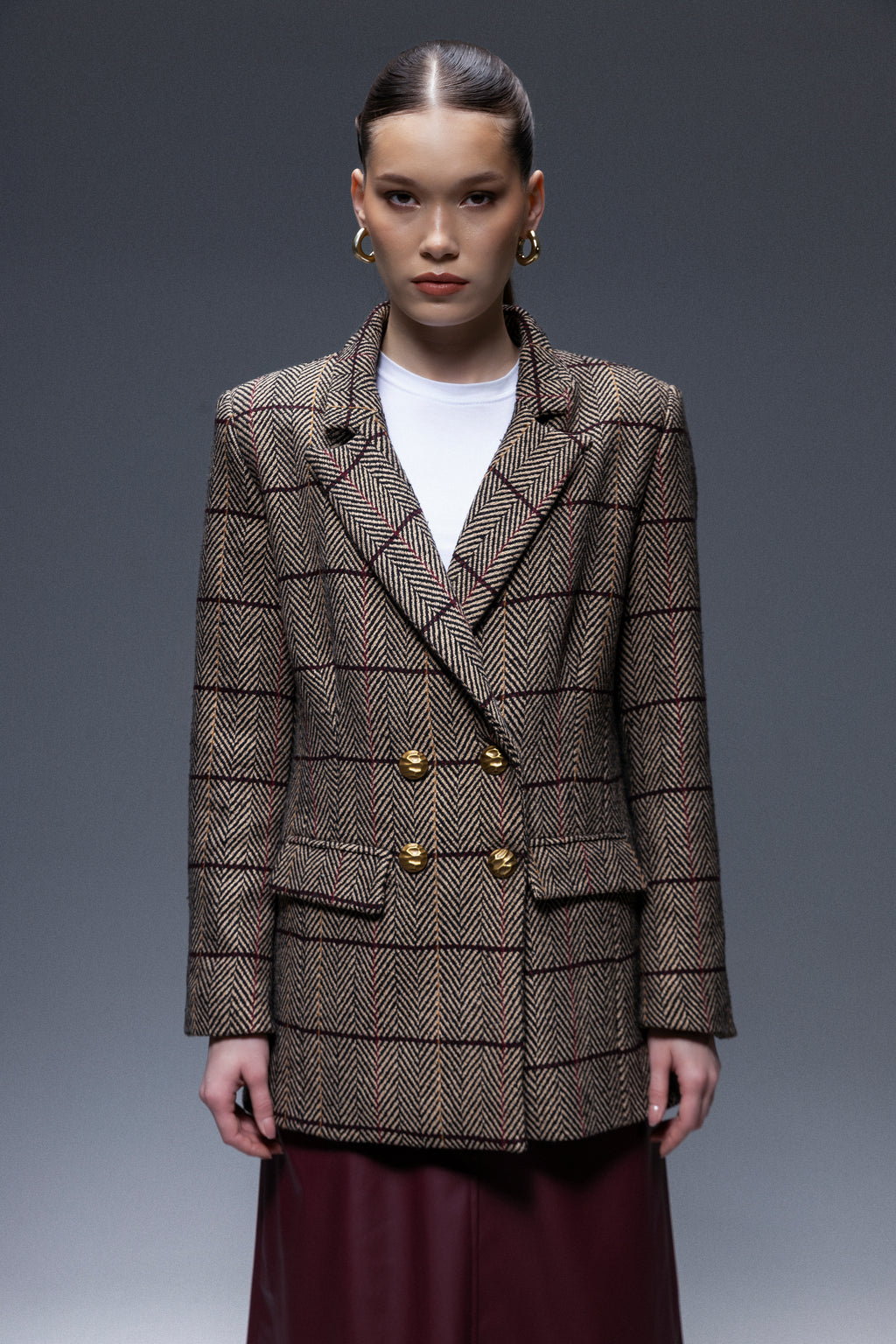 Pinnacle Garments Double Breasted Herringbone Beige Classic Blazer