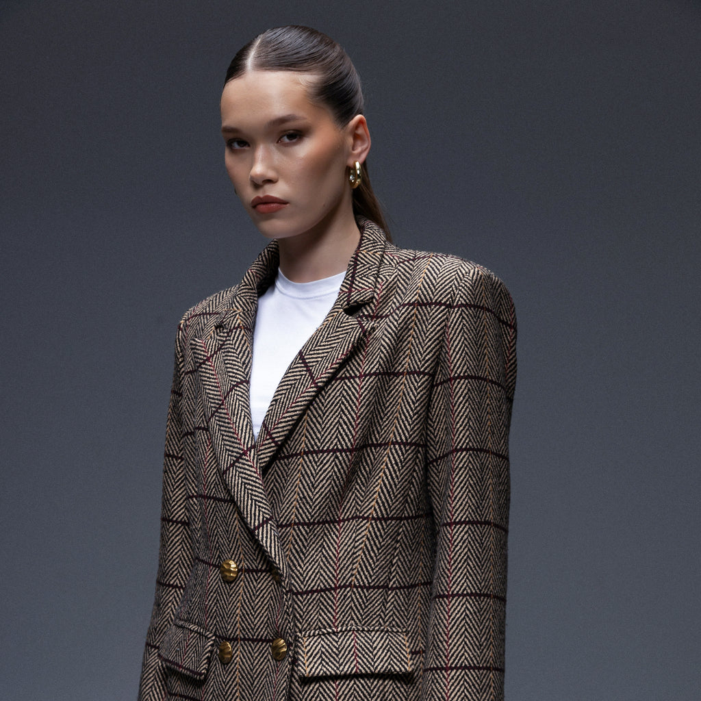 Pinnacle Garments Double Breasted Herringbone Beige Classic Blazer