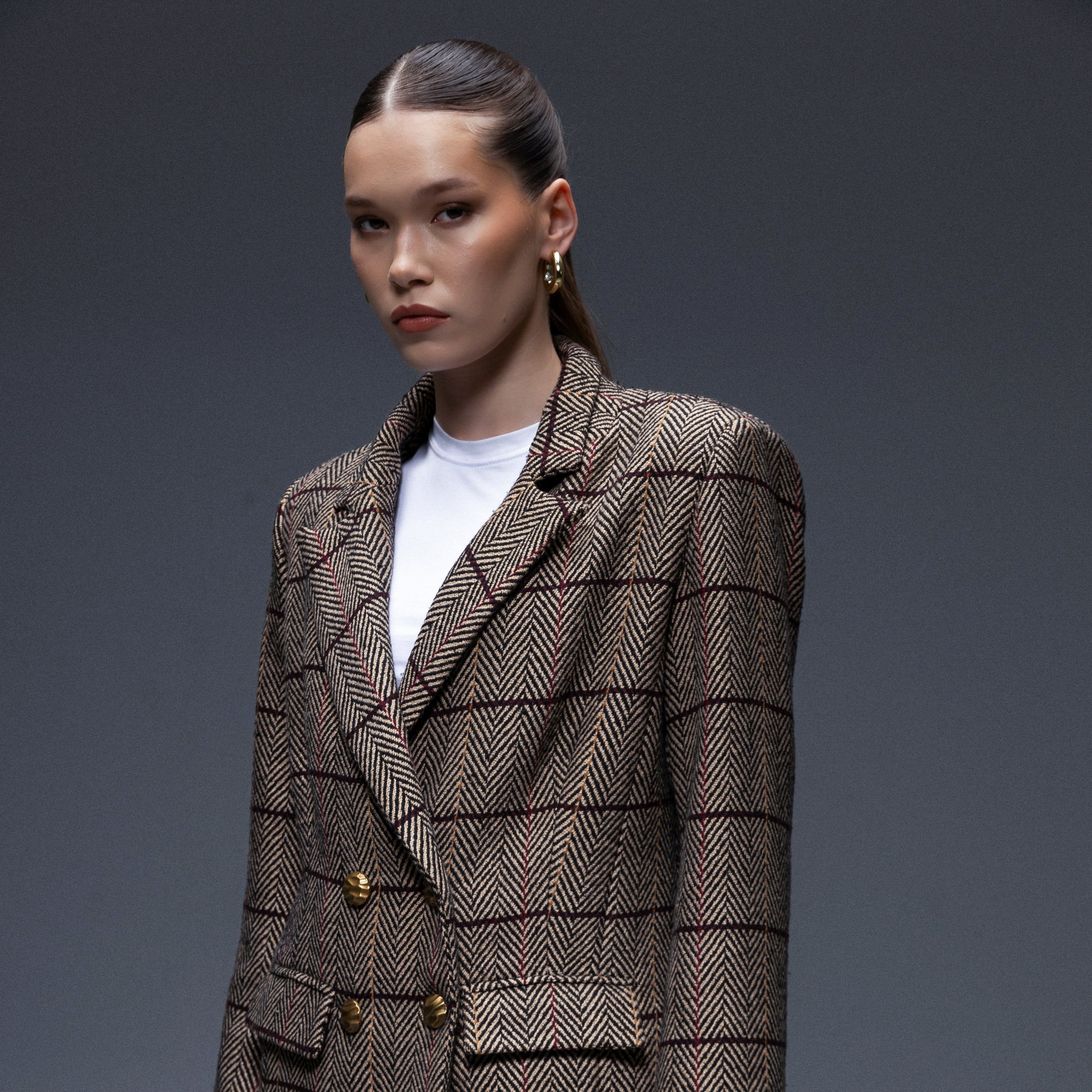 Pinnacle Garments Double Breasted Herringbone Beige Classic Blazer