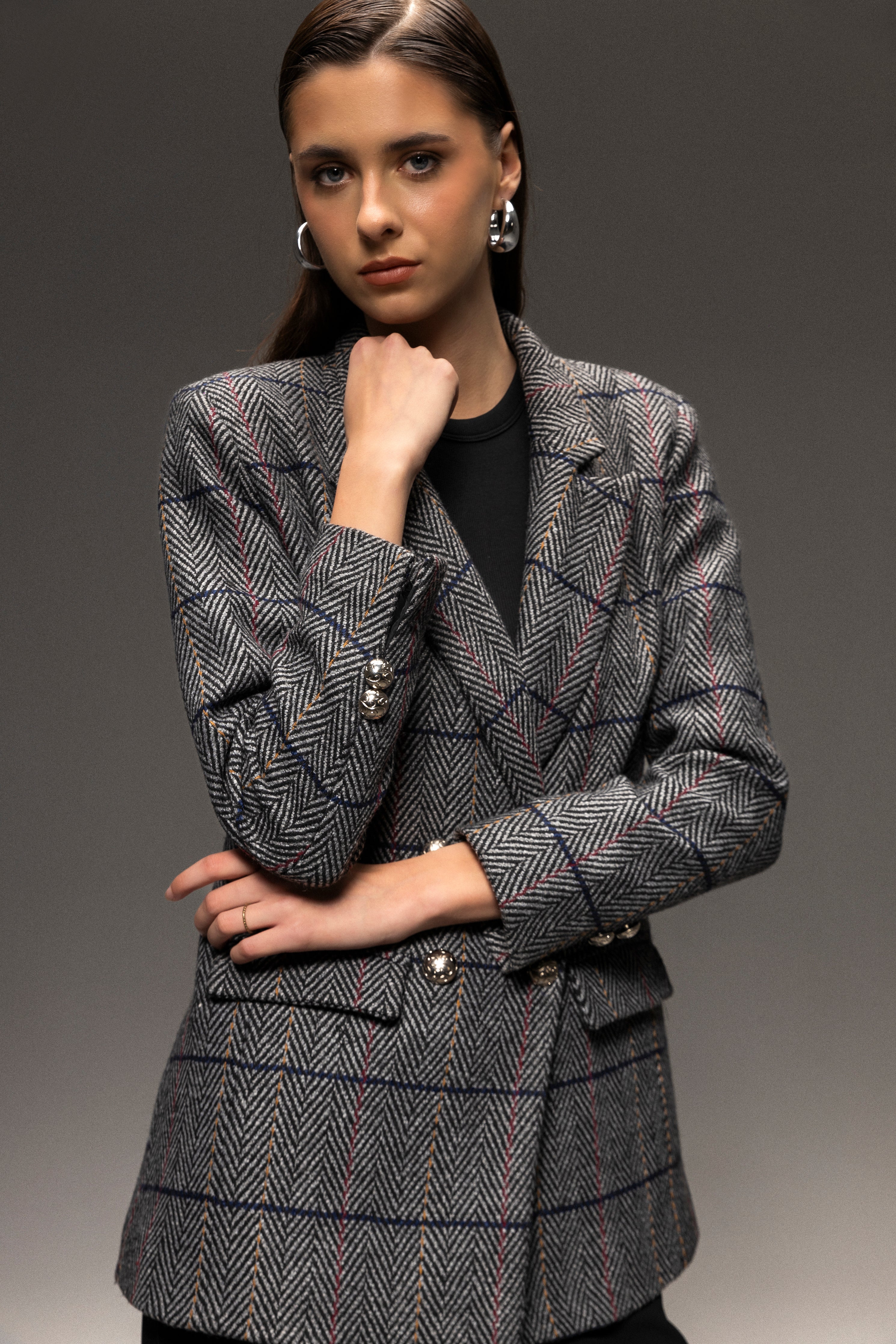 Esna Herringbone Wool Blazer Grey