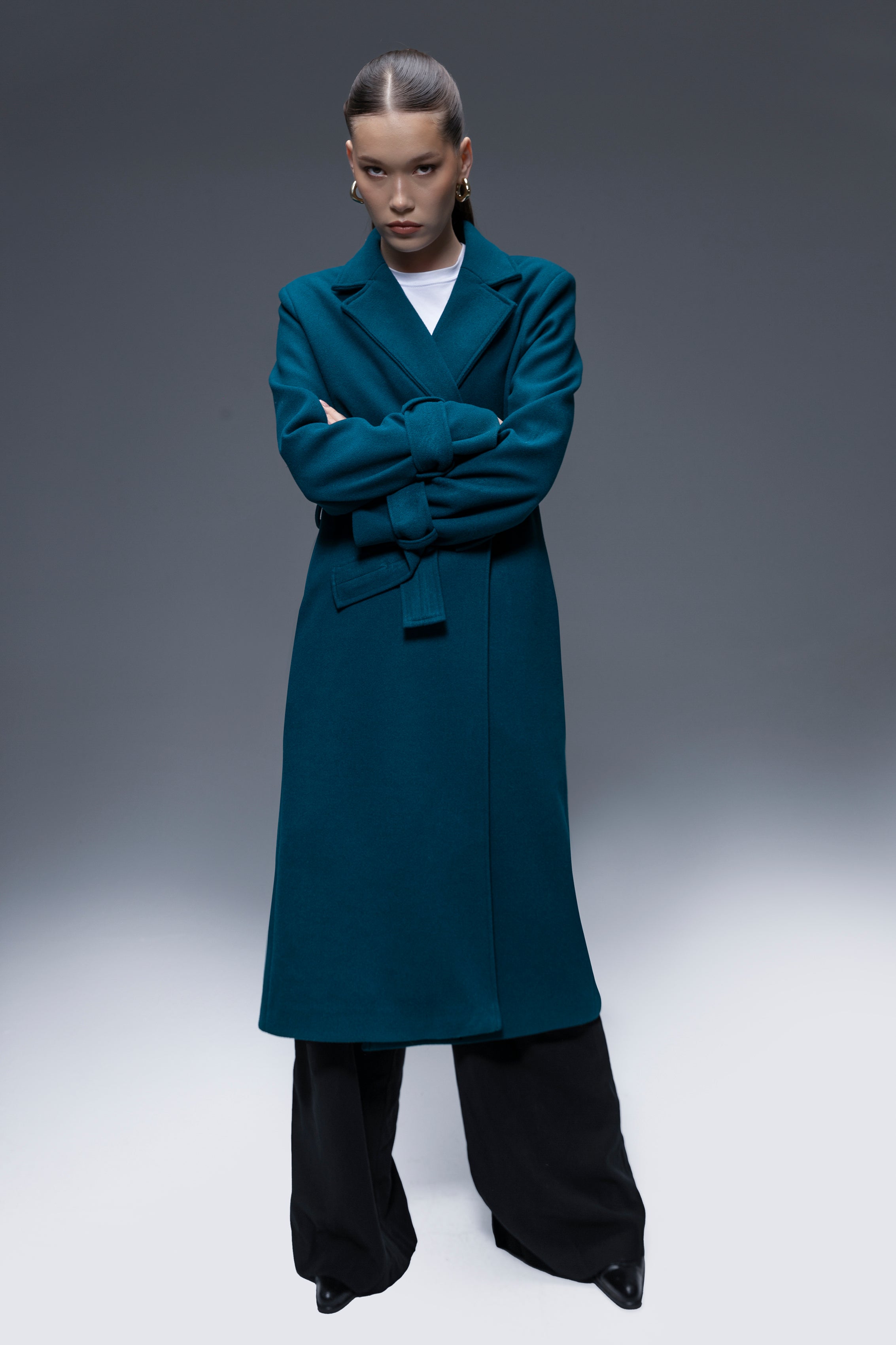 Faiyum Coat – Wool Blend Dark Teal Overcoat, Long Winter Coat