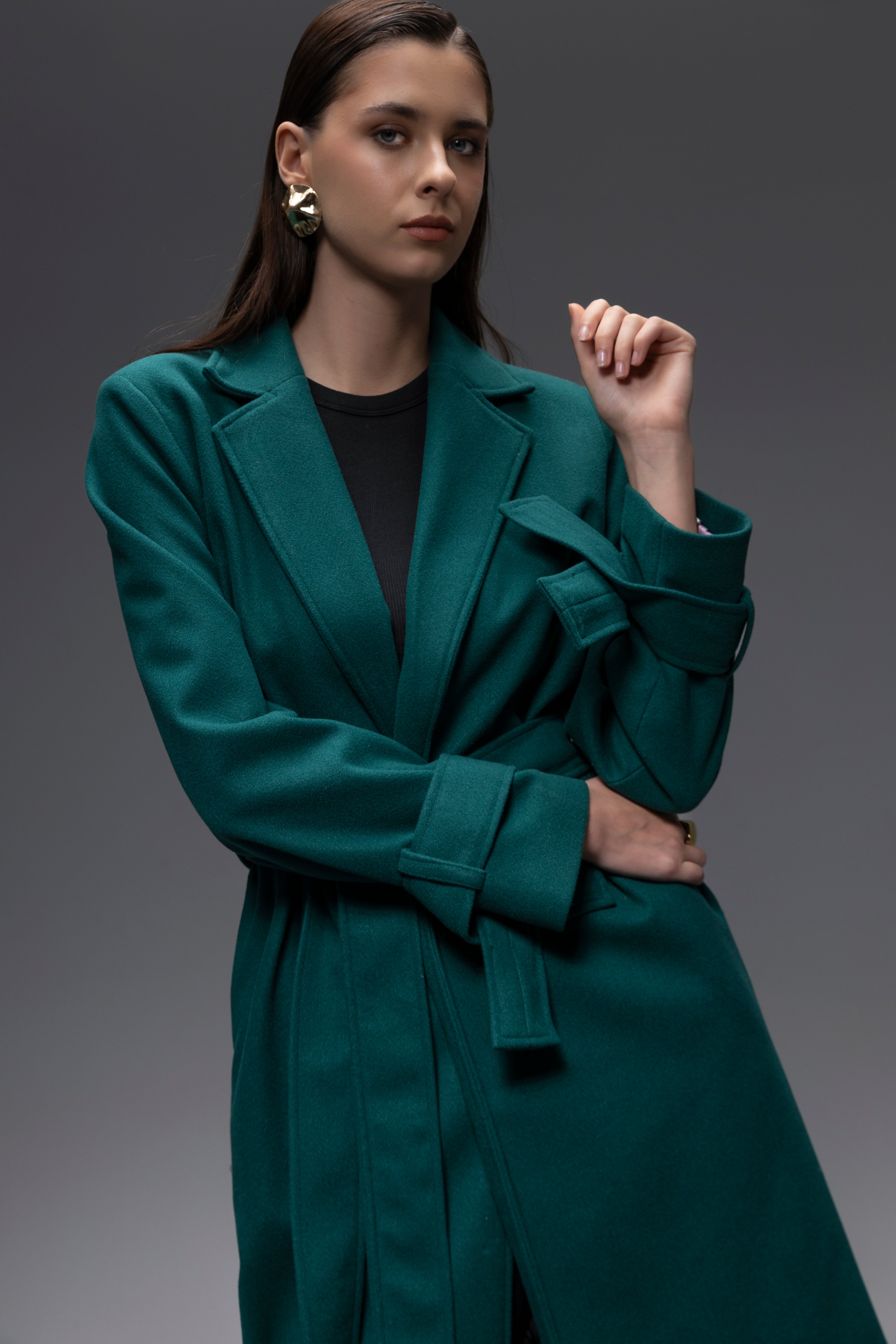 Faiyum Coat – Wool Blend Emerald Overcoat, Long Winter Coat