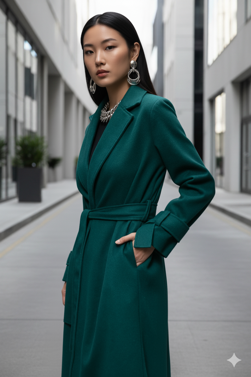 Faiyum Coat – Wool Blend Emerald Overcoat, Long Winter Coat