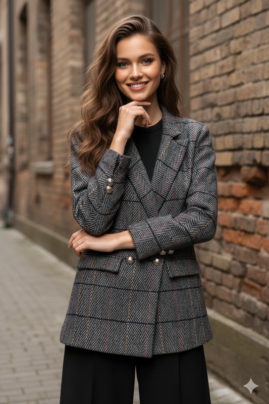 Esna Herringbone Wool Blazer Grey