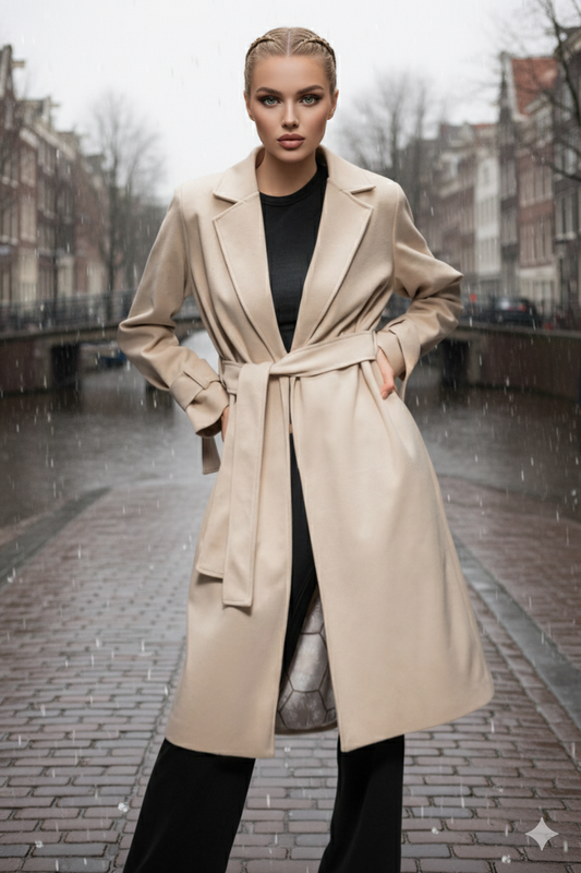 Faiyum Coat – Wool Blend Sand Overcoat, Long Winter Coat