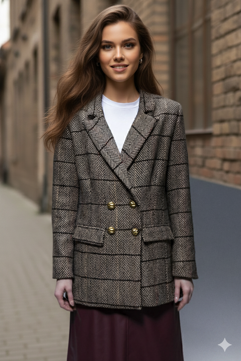 Pinnacle Garments Double Breasted Herringbone Beige Classic Blazer