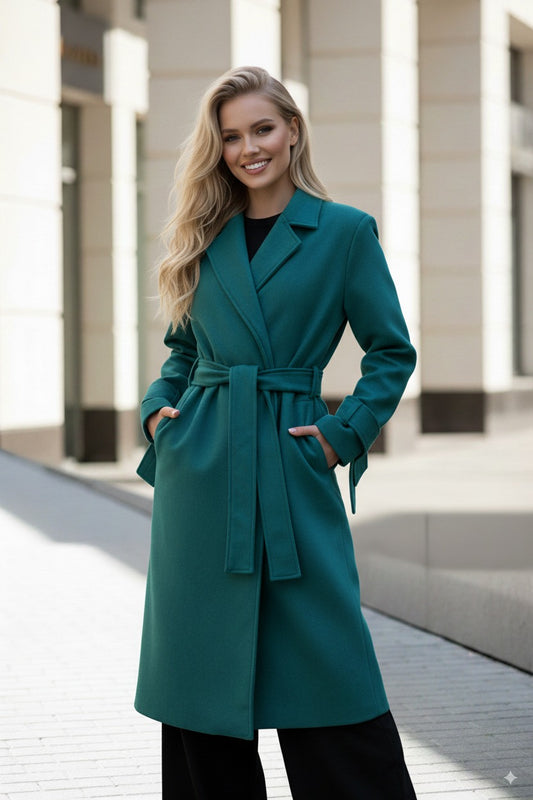 Faiyum Coat – Wool Blend Emerald Overcoat, Long Winter Coat