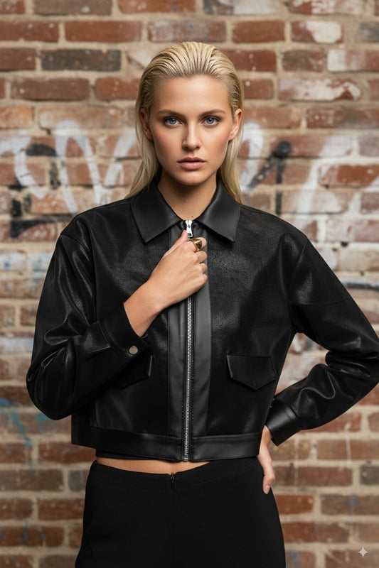 Arish Leather Jacket Athletic Mid-Weight Short Jacket  Black